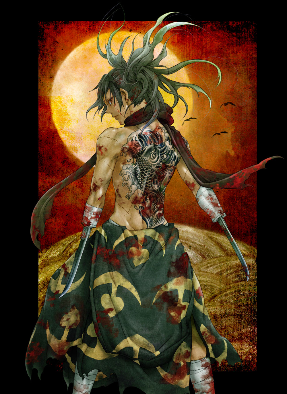 1boy back_tattoo bandaged_arm bandaged_leg bandages black_hair blood blood_stain collaboration commentary_request dororo_(tezuka) full_moon guest_art highres hyakkimaru_(dororo) kataoka_jinsei kimono_around_waist kondou_kazuma long_hair looking_at_viewer male_focus moon profile prosthesis prosthetic_arm prosthetic_weapon scar solo tattoo topless_male