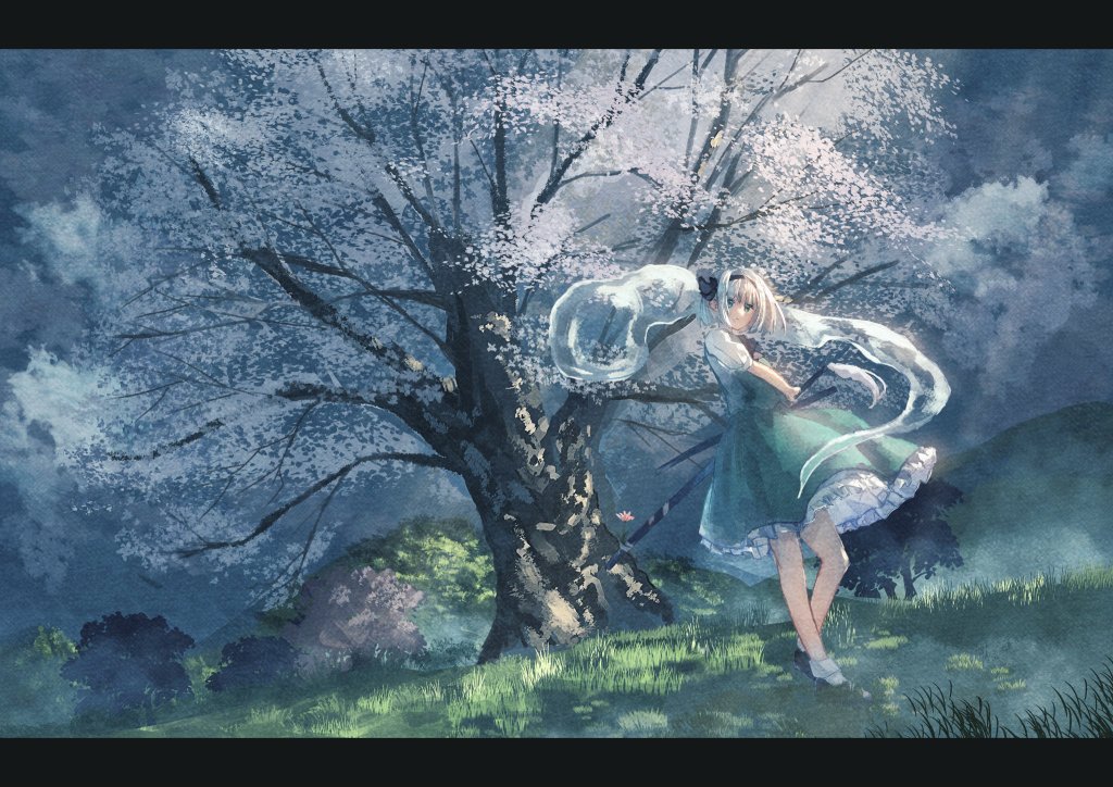 1girl black_hairband cherry_tree grass green_skirt green_vest hairband konpaku_youmu konpaku_youmu_(ghost) nature scenery shimekake short_hair skirt solo sword touhou tree vest weapon white_hair