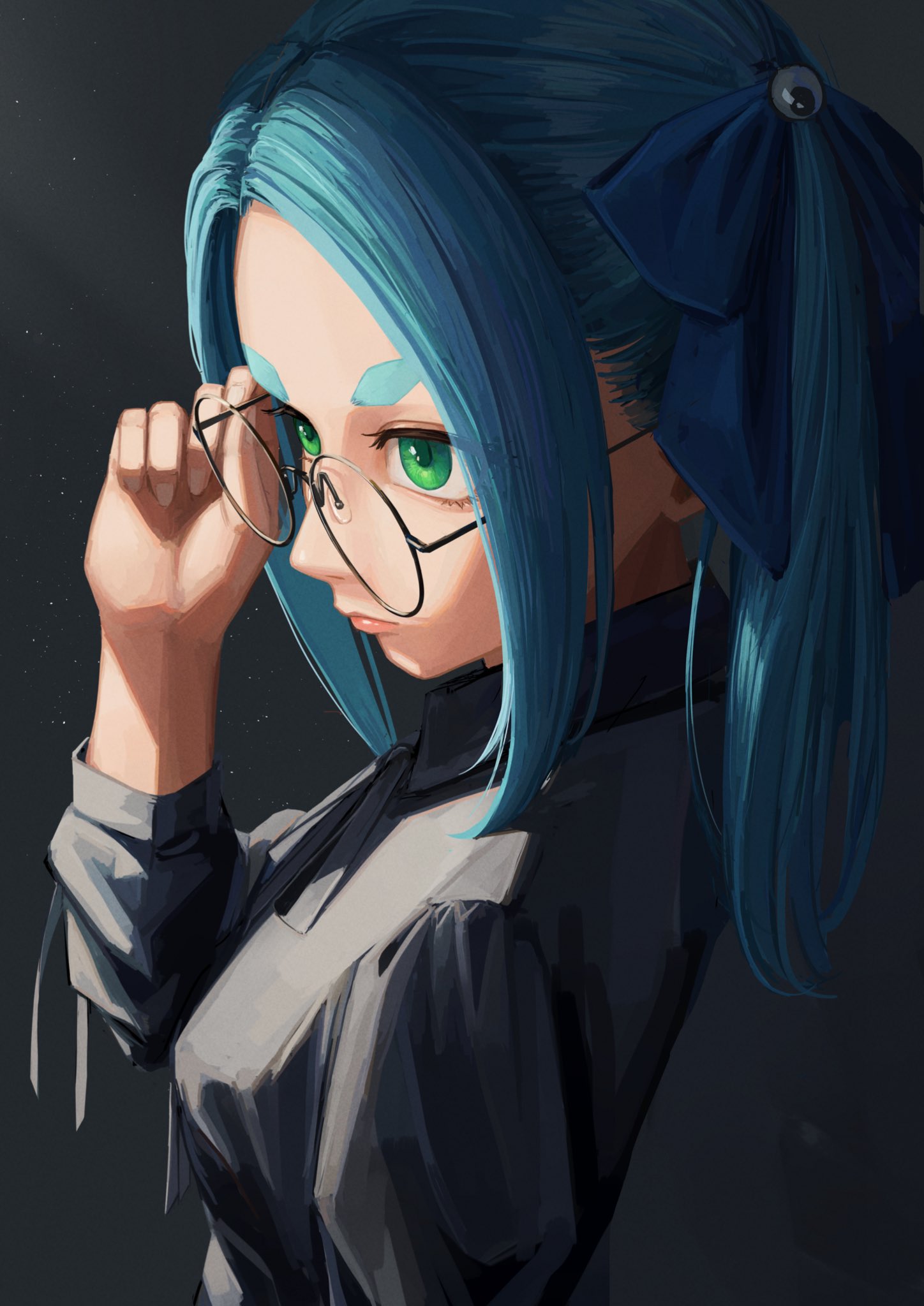 1girl adjusting_eyewear aqua_hair arm_at_side black_background black_ribbon black_shirt blouse blue_bow blue_ribbon bow breasts commentary from_side glasses googly_eyes hair_bow hair_ribbon hand_up hashtag-only_commentary highres hikimayu light_particles long_hair long_sleeves looking_afar looking_ahead medium_breasts monogatari_(series) neck_ribbon nemo_ringo ononoki_yotsugi ribbon round_eyewear shirt short_eyebrows sidelocks solo standing thick_eyebrows twintails upper_body