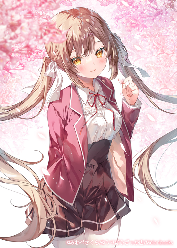 1girl blazer blurry blurry_foreground blush bow braid breasts brown_eyes brown_hair brown_skirt closed_mouth collared_shirt commentary_request depth_of_field flower hair_bow hair_ornament hairclip hand_up holding jacket light_smile long_sleeves looking_at_viewer miwabe_sakura neck_ribbon open_clothes open_jacket original pantyhose petals pink_flower pleated_skirt red_jacket red_ribbon ribbon school_uniform shirt skirt small_breasts solo twintails white_bow white_pantyhose white_shirt