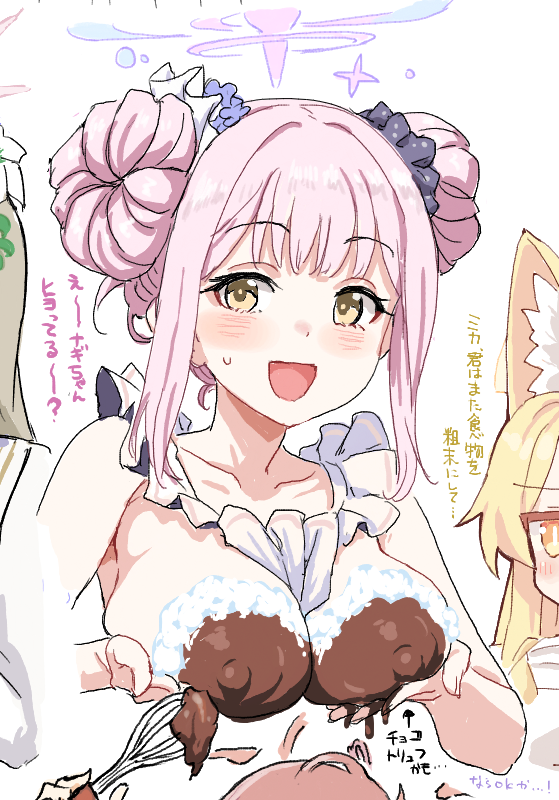 3girls :d animal_ears blonde_hair blue_archive blush breasts brown_hair character_request chocolate chocolate_on_body chocolate_on_breasts clearite double_bun flower food_on_body fox_ears hair_bun hair_flower hair_ornament halo looking_at_viewer mika_(blue_archive) multiple_girls nipples pink_hair school_uniform serafuku simple_background smile solo_focus sweatdrop white_background yellow_eyes