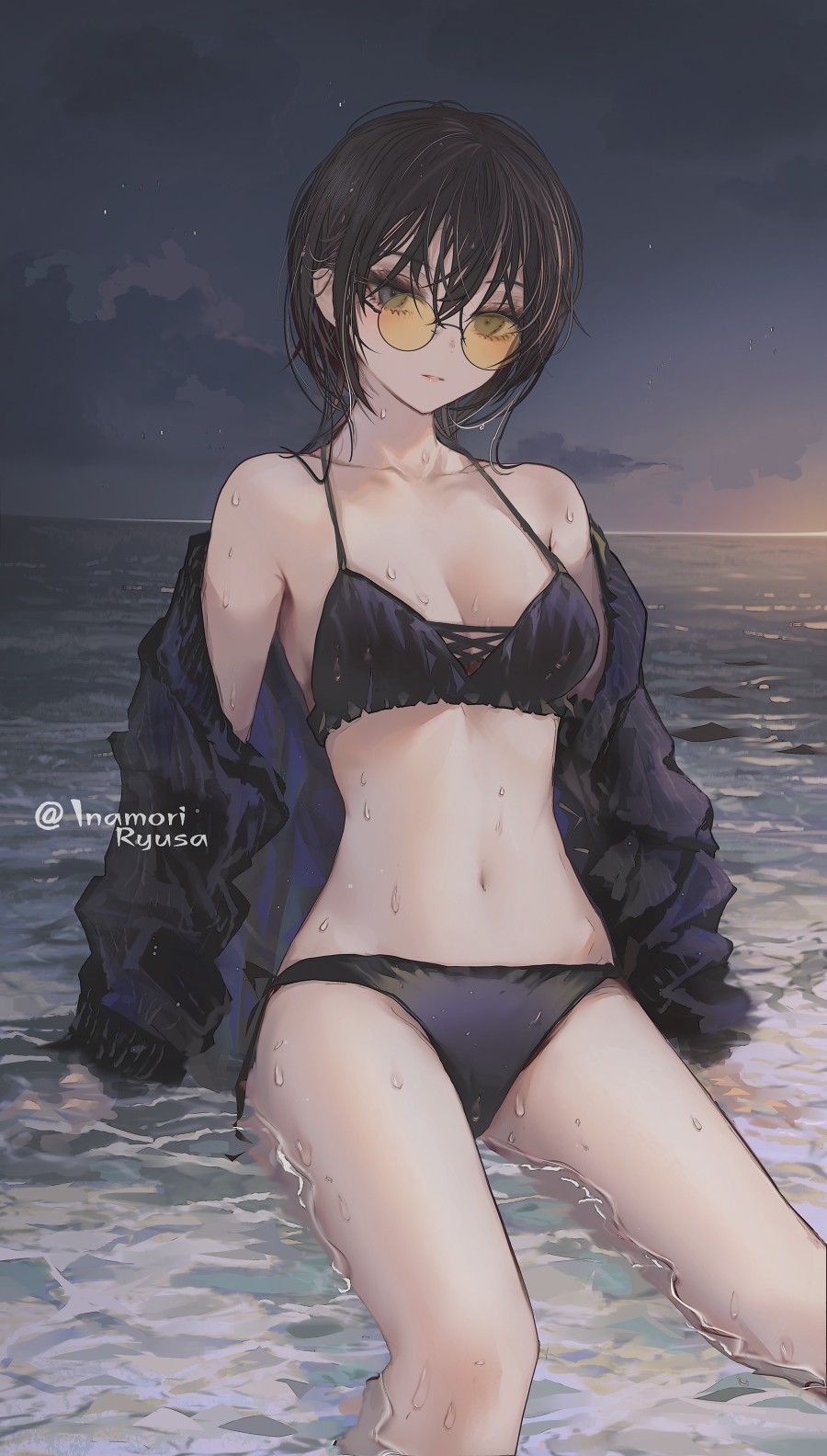 1girl bikini black_bikini black_eyes black_hair black_jacket breasts cleavage collarbone commentary highres horizon inaeda_kei jacket looking_at_viewer medium_breasts navel off_shoulder open_clothes open_jacket original outdoors parted_lips partially_submerged short_hair sky solo star_(sky) starry_sky stomach swimsuit tinted_eyewear twitter_username wet yellow-tinted_eyewear