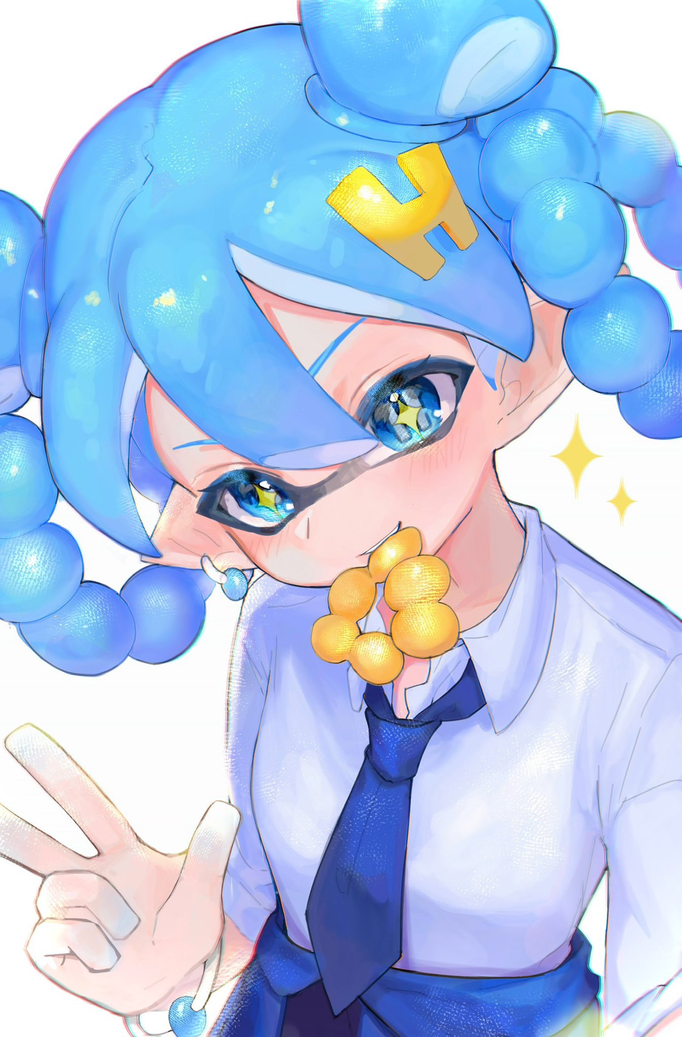 +_+ 1girl arm_up blue_eyes blue_hair blue_jacket blue_necktie bracelet braided_hair_rings clothes_around_waist collared_shirt commentary_request d_msy8 double_bun doughnut earrings eating food food_in_mouth hair_bun hair_ornament hair_rings highres inkling inkling_girl inkling_player_character jacket jacket_around_waist jewelry letter_hair_ornament light_blush mouth_hold necktie pointy_ears pon_de_ring shirt sleeves_rolled_up solo sparkle splatoon_(series) tentacle_hair upper_body w white_background white_shirt