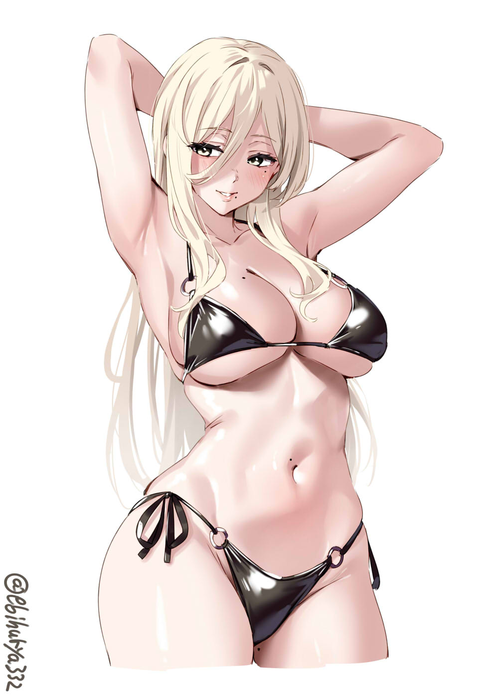 1girl alternate_costume armpits arms_behind_head arms_up bikini black_bikini blonde_hair breasts cleavage commentary_request cowboy_shot ebifurya hair_between_eyes highres kantai_collection large_breasts long_hair looking_at_viewer mole mole_under_eye mole_under_mouth richelieu_(kancolle) side-tie_bikini_bottom smile solo swimsuit twitter_username white_background yellow_eyes