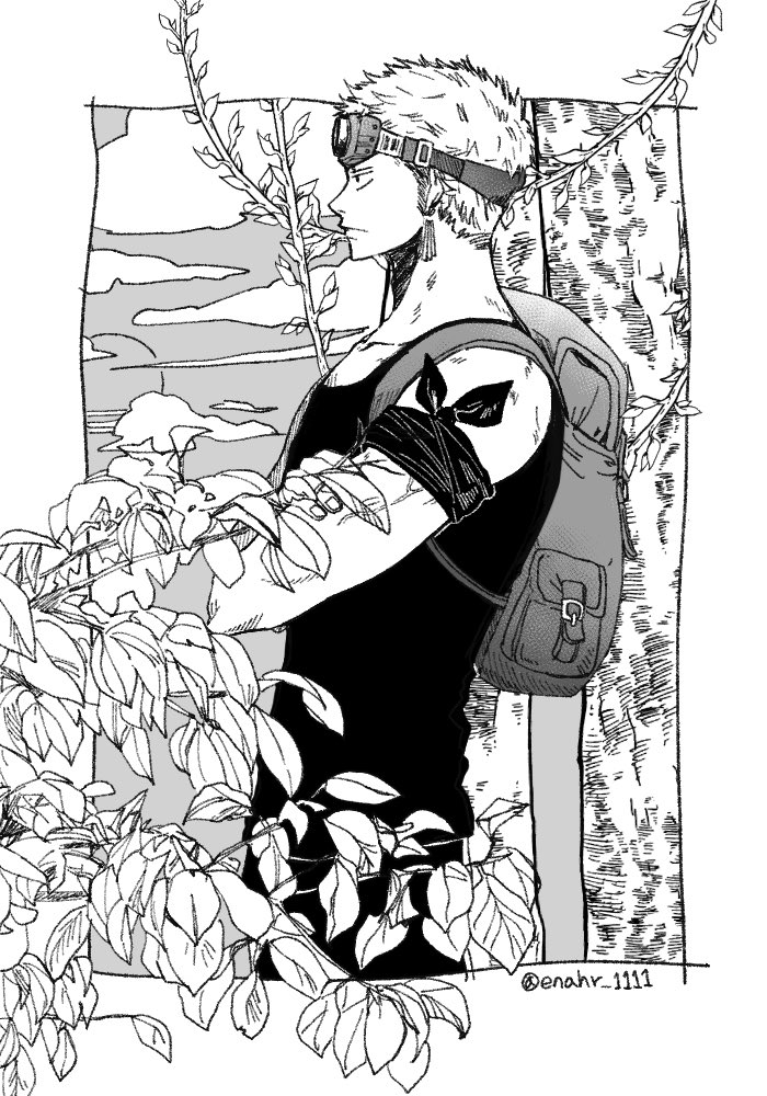 1boy bag bandana_around_arm closed_mouth cloud cowboy_shot crossed_arms earrings enahr_1111 goggles goggles_on_head greyscale jewelry leaf male_focus monochrome one_piece pants profile roronoa_zoro short_hair shoulder_bag solo tank_top twitter_username