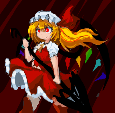 1girl alternate_hair_length alternate_hairstyle clip_studio_paint_(medium) closed_mouth flandre_scarlet hair_between_eyes hat holding holding_polearm holding_weapon light_smile long_hair lowres mob_cap multicolored_wings polearm puffy_short_sleeves puffy_sleeves red_background red_eyes red_skirt red_vest samezuma_jouji shirt short_sleeves skirt solo touhou v-shaped_eyebrows vest weapon white_hat white_shirt wings