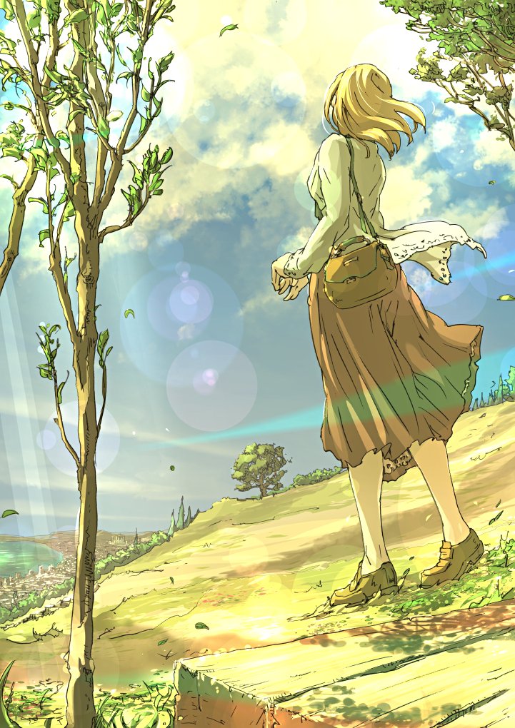 1girl bag blonde_hair brown_bag brown_footwear brown_skirt cloud cloudy_sky day facing_away from_behind full_body grey_jacket jacket landscape lens_flare loafers long_skirt medium_hair original outdoors shoes shoulder_bag skirt sky solo standing supe_(yuusyasupepen) tree wind