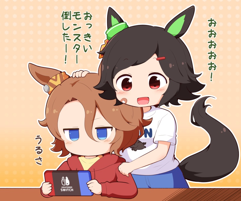 2girls :d animal_ears arm_up bandaid bandaid_on_cheek bandaid_on_face black_hair blue_eyes blue_shorts blush_stickers brown_background brown_hair chibi clothes_writing drawstring gomashio_(goma_feet) gradient_background hair_between_eyes hair_ornament hairclip hand_on_another's_head holding hood hood_down hoodie horse_ears horse_girl horse_print horse_tail jitome multiple_girls narita_taishin_(umamusume) nintendo_switch parted_bangs polka_dot polka_dot_background print_shorts red_eyes red_hoodie shirt short_sleeves shorts smile swept_bangs tail translation_request umamusume white_shirt winning_ticket_(umamusume) yellow_shirt