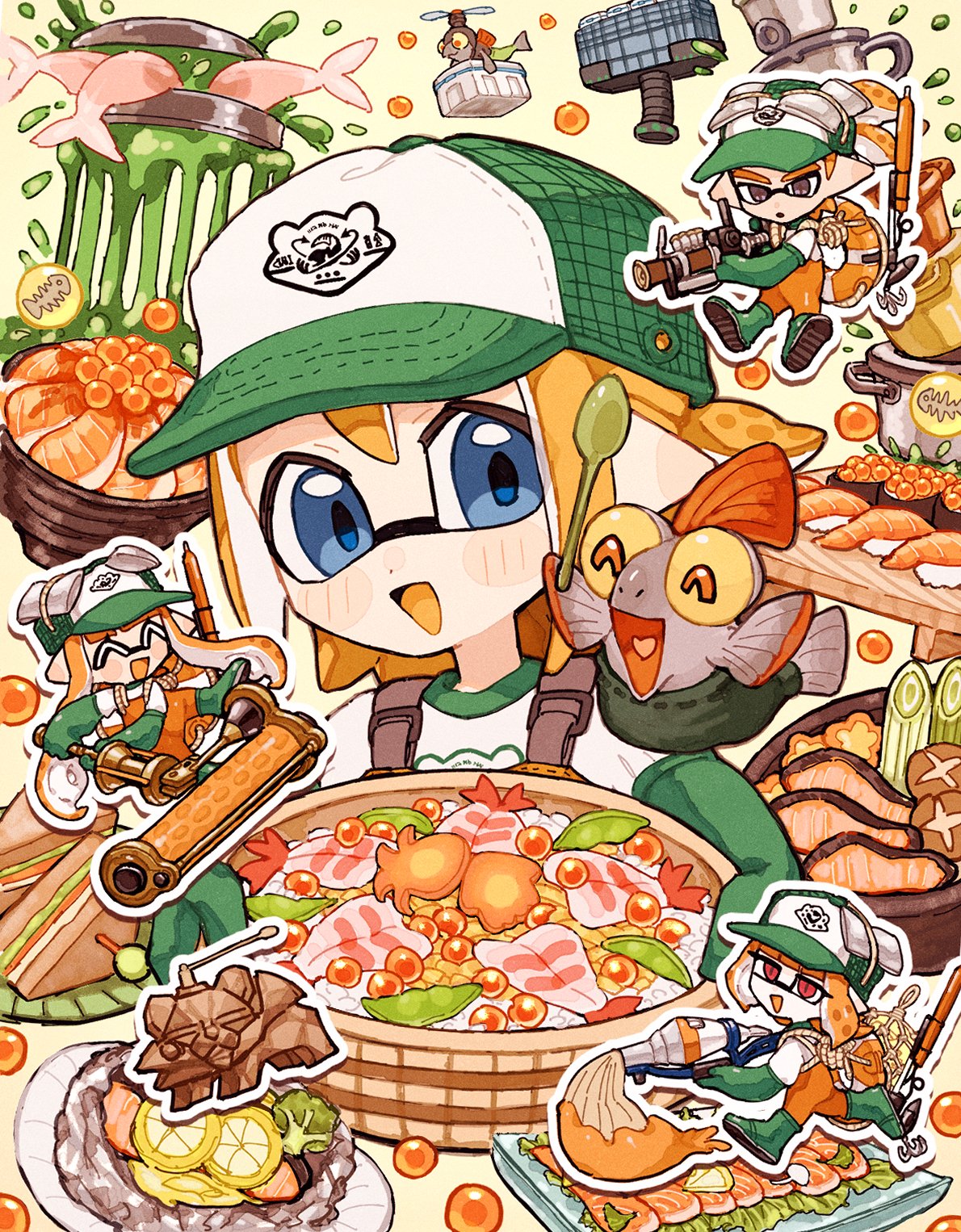 1boy 3girls :d ^_^ animal baseball_cap blue_eyes bluerosamarinus blush_stickers boots brown_eyes chibi chinook_(splatoon) closed_eyes colored_tongue commentary_request drop_shadow dynamo_roller_(splatoon) edamame fish_(food) food gloves golden_egg green_footwear green_gloves griller_(splatoon) grizzco_charger_(splatoon) gunkanmaki hat highres holding holding_food holding_spoon holding_weapon hotpot ikura_(food) inkbrush_(splatoon) inkling_boy inkling_girl inkling_player_character lifebuoy long_hair medium_hair mothership_(splatoon) mr._grizz_(splatoon) multiple_girls mushroom nigirizushi open_mouth orange_hair orange_overalls orange_tongue outline overalls oyster pointy_ears ponytail print_shirt red_eyes rice rubber_boots rubber_gloves salmon salmon_run_(splatoon) sandwich sashimi shiitake shirt shrimp smallfry_(splatoon) smile splatoon_(series) spoon stinger_(splatoon) sushi swim_ring tentacle_hair too_much_food weapon white_outline white_shirt yellow_background