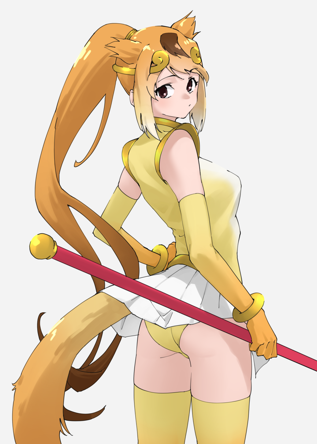 1girl :/ arm_at_side ass bo_staff breasts brown_eyes brown_hair circlet closed_mouth elbow_gloves gloves golden_snub-nosed_monkey_(kemono_friends) gradient_hair hair_ears hand_on_own_hip highres holding holding_polearm holding_weapon kemono_friends leotard long_hair looking_at_viewer looking_to_the_side medium_breasts microskirt monkey_girl monkey_tail multicolored_hair orange_hair pleated_skirt polearm simple_background skirt solo standing tail tanabe_(fueisei) taut_clothes taut_leotard thighhighs very_long_hair weapon white_background white_skirt