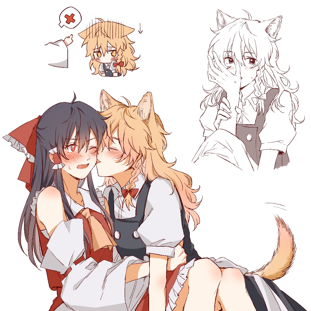 2girls animal_ears ascot black_hair black_vest blonde_hair blush bow braid commentary_request detached_sleeves dog_ears dog_tail ears_down frilled_bow frilled_hair_tubes frills hair_bow hair_tubes hakurei_reimu hitte5416 kirisame_marisa licking licking_another's_cheek licking_another's_face licking_hand long_hair multiple_girls no_headwear one_eye_closed open_mouth red_bow red_eyes ribbon-trimmed_sleeves ribbon_trim short_sleeves side_braid single_braid sweatdrop tail touhou vest yellow_ascot yellow_eyes yuri