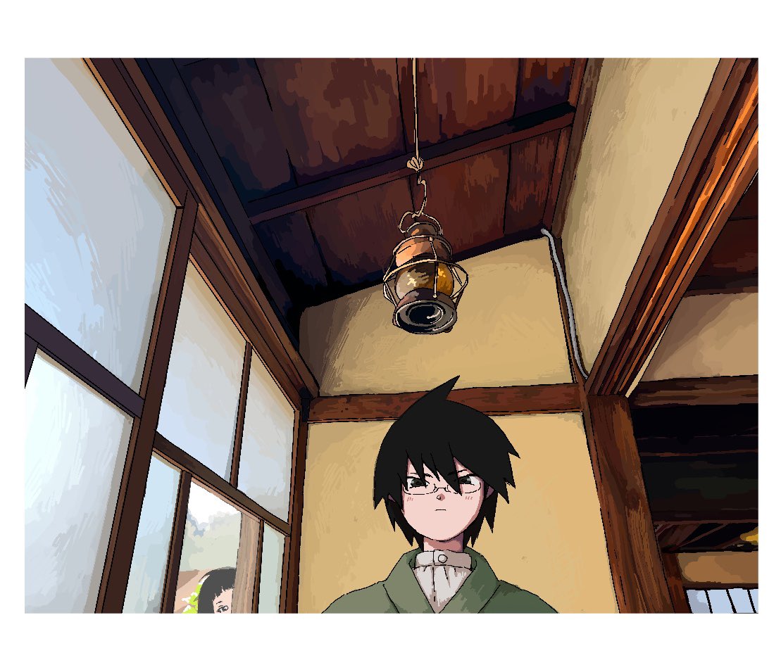 1boy 1girl architecture behind_another black_eyes border closed_mouth east_asian_architecture fusuma glasses green_kimono hanging_lantern house indoors itoshiki_nozomu japanese_clothes kimono light_blush looking_at_another open_window osouzai-kun peeking sayonara_zetsubou_sensei shirt short_bangs short_hair sliding_doors stalking tsunetsuki_matoi upper_body white_border white_shirt window