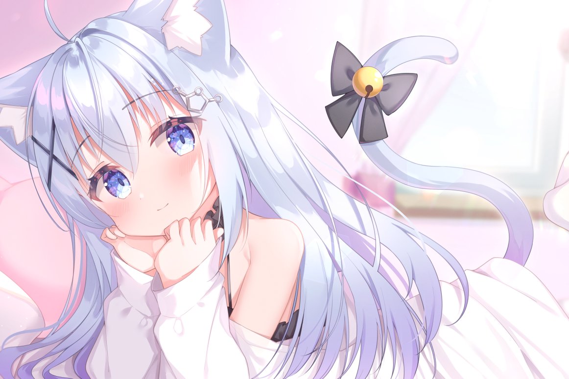 1girl ahoge animal_ear_fluff animal_ears bathrobe bell blue_eyes blue_hair blush bow cat_ears cat_girl cat_tail character_request collar double-parted_bangs frilled_collar frilled_nightgown frills hair_ornament hands_on_own_chin head_tilt indie_virtual_youtuber looking_at_viewer matchanear nightgown solo tail tail_bell tail_bow tail_ornament tail_raised x_hair_ornament