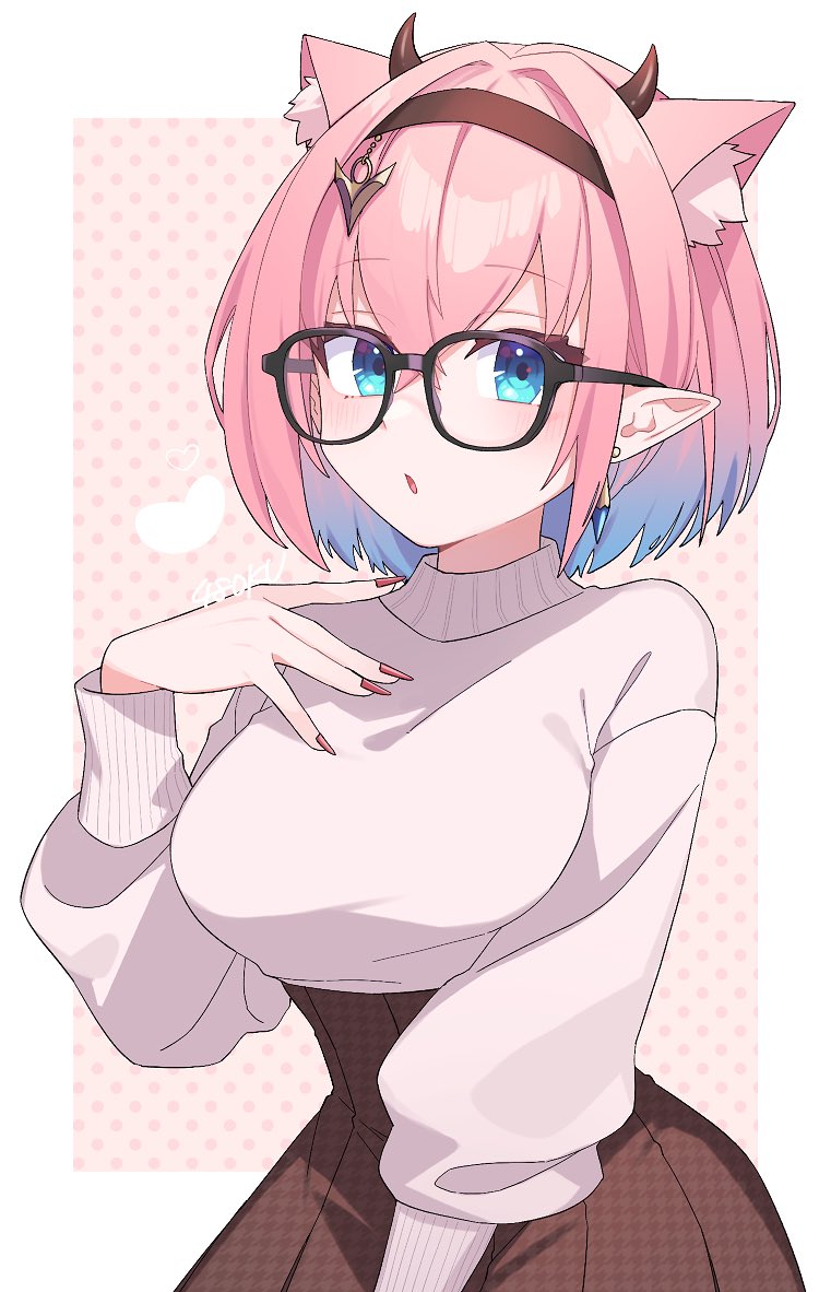 1girl 48okku animal_ear_fluff animal_ears artist_name black-framed_eyewear blue_eyes blue_hair blush border breasts brown_sweater colored_tips dark_skin demon_horns earrings fingernails hairband hand_on_own_chest hand_up high-waist_skirt horns imashiro_izella_(vtuber) indie_virtual_youtuber jewelry long_fingernails long_sleeves looking_at_viewer multicolored_hair open_mouth outside_border pink_background pink_hair pointy_ears polka_dot polka_dot_background red_nails short_hair single_earring skirt solo sweater virtual_youtuber white_border