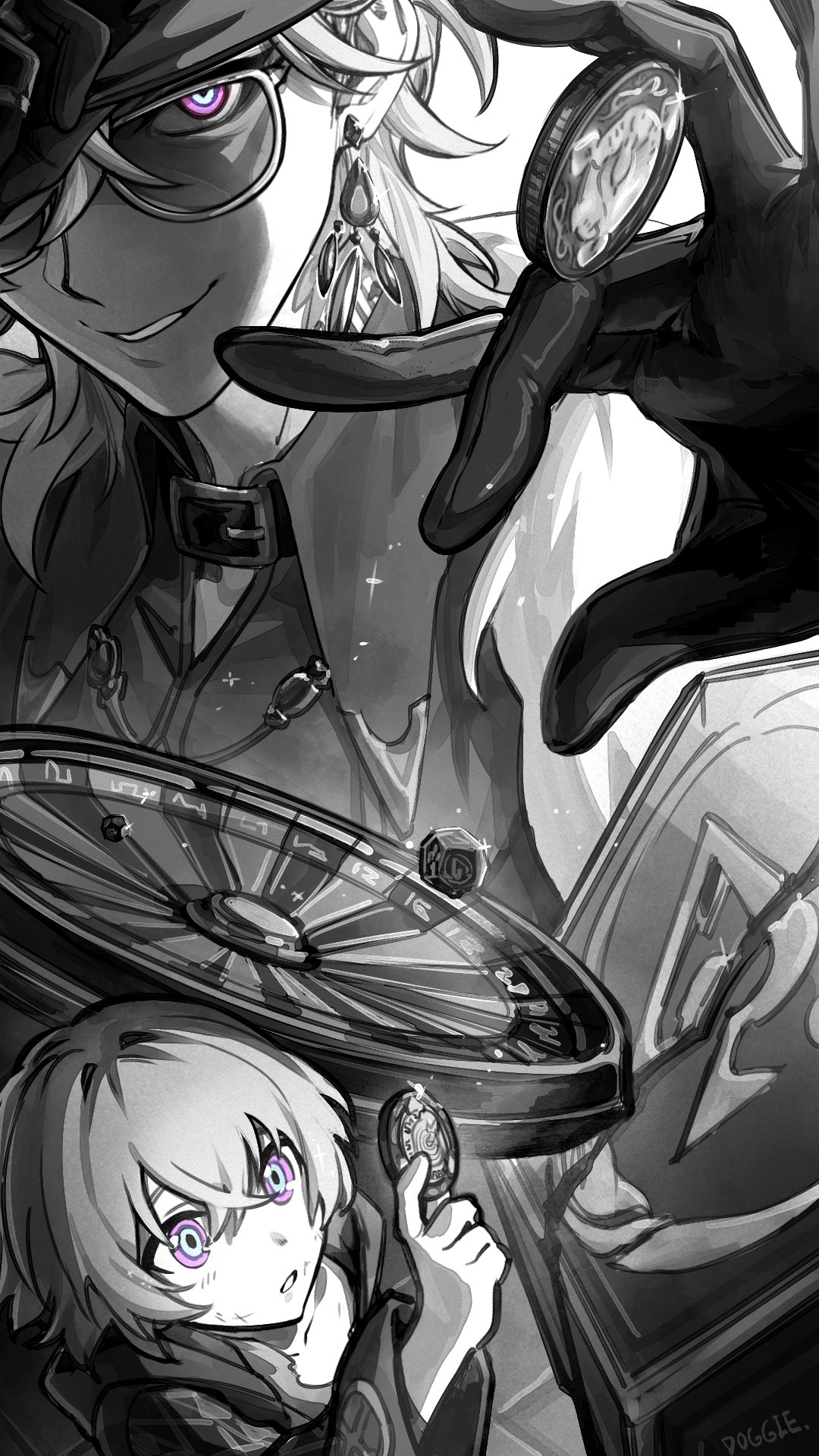 2boys aged_down aventurine_(honkai:_star_rail) collared_shirt doggie_117 glasses gloves greyscale grin hair_between_eyes hat highres honkai:_star_rail honkai_(series) male_focus monochrome multicolored_eyes multiple_boys roulette_table shirt short_hair smile table two-tone_eyes