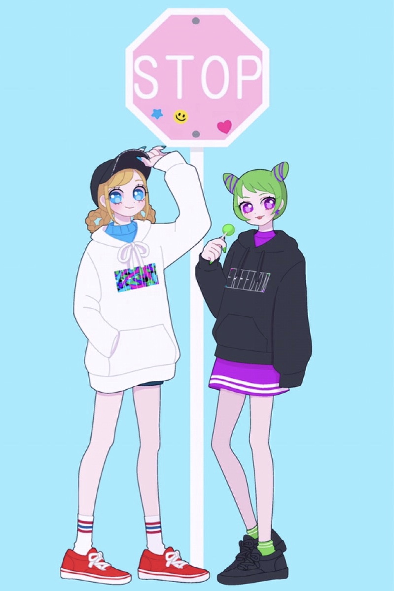 2girls arm_up baseball_cap black_hat black_hoodie blonde_hair blue_background blue_eyes candy cone_hair_bun double_bun dress food fukuhara_ann full_body green_hair hair_bun hand_in_pocket hand_on_headwear hand_up hat holding holding_candy holding_food holding_lollipop hood hood_down hoodie lollipop long_sleeves looking_at_viewer morizono_wakana multiple_girls nyaasechan open_mouth pretty_rhythm pretty_rhythm_rainbow_live pretty_series purple_dress purple_eyes red_footwear road_sign shoes short_hair sign smile sneakers socks standing stop_sign white_hoodie