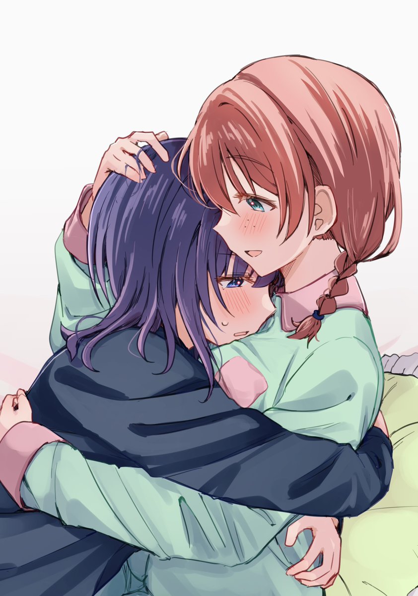 2girls asaka_karin blue_eyes blue_hair blue_pajamas blunt_bangs blush braid commentary_request e_atkenedm emma_verde freckles green_pajamas hand_on_another's_back hand_on_another's_head hug long_sleeves looking_at_another love_live! love_live!_nijigasaki_high_school_idol_club medium_hair multiple_girls open_mouth pajamas pillow red_hair sidelocks sweat twin_braids upper_body white_background yuri