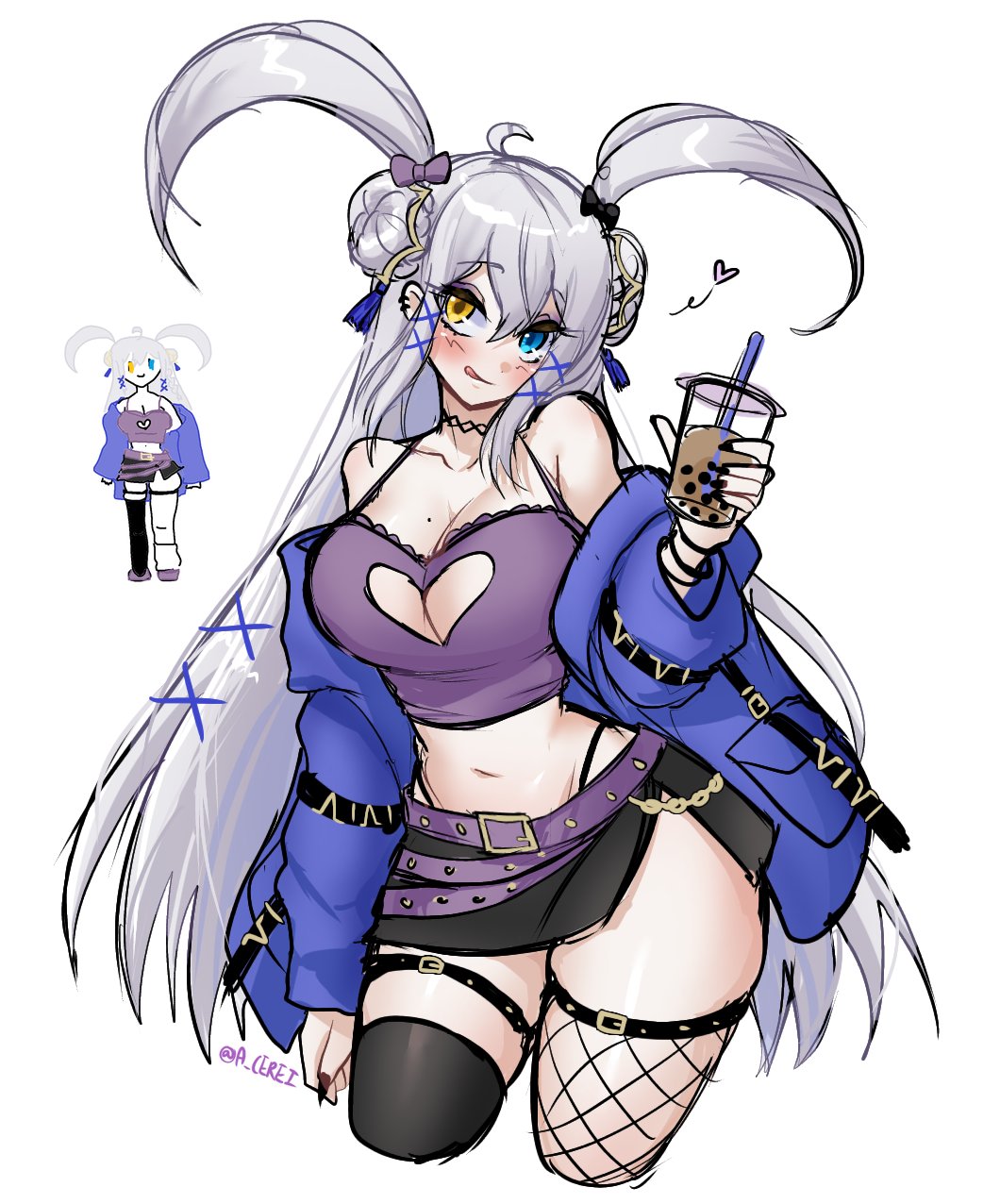 1girl acey ahoge asymmetrical_legwear bare_shoulders black_nails black_thighhighs blue_eyes blue_jacket blush bow breasts bubble_tea cleavage cleavage_cutout clothing_cutout cowboy_shot double_bun drink earrings english_commentary grey_hair hair_bow hair_bun heart heterochromia highres holding holding_drink jacket jewelry large_breasts long_hair looking_at_viewer midriff mismatched_legwear mole mole_on_breast navel nijisanji nijisanji_en off_shoulder reference_inset single_fishnet_legwear skindentation thigh_strap thighhighs thighs tongue tongue_out twintails twitter_username very_long_hair victoria_brightshield yellow_eyes