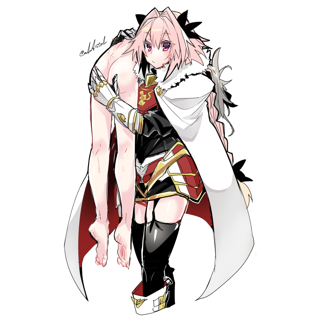 2boys :/ armored_skirt astolfo_(fate) black_bow black_garter_straps black_shirt black_thighhighs bow braid cape carrying carrying_over_shoulder completely_nude cropped_legs fang fate/apocrypha fate_(series) feet fur-trimmed_cape fur_trim garter_straps gauntlets gorget grey_hair hair_bow hair_intakes hand_on_another's_ass haoro long_braid long_hair male_focus multicolored_hair multiple_boys nude otoko_no_ko piggyback pink_hair purple_eyes shirt short_hair sieg_(fate) signature simple_background single_braid skin_fang streaked_hair thighhighs two-sided_cape two-sided_fabric two-tone_hair very_long_hair white_background white_cape white_footwear white_hair zettai_ryouiki
