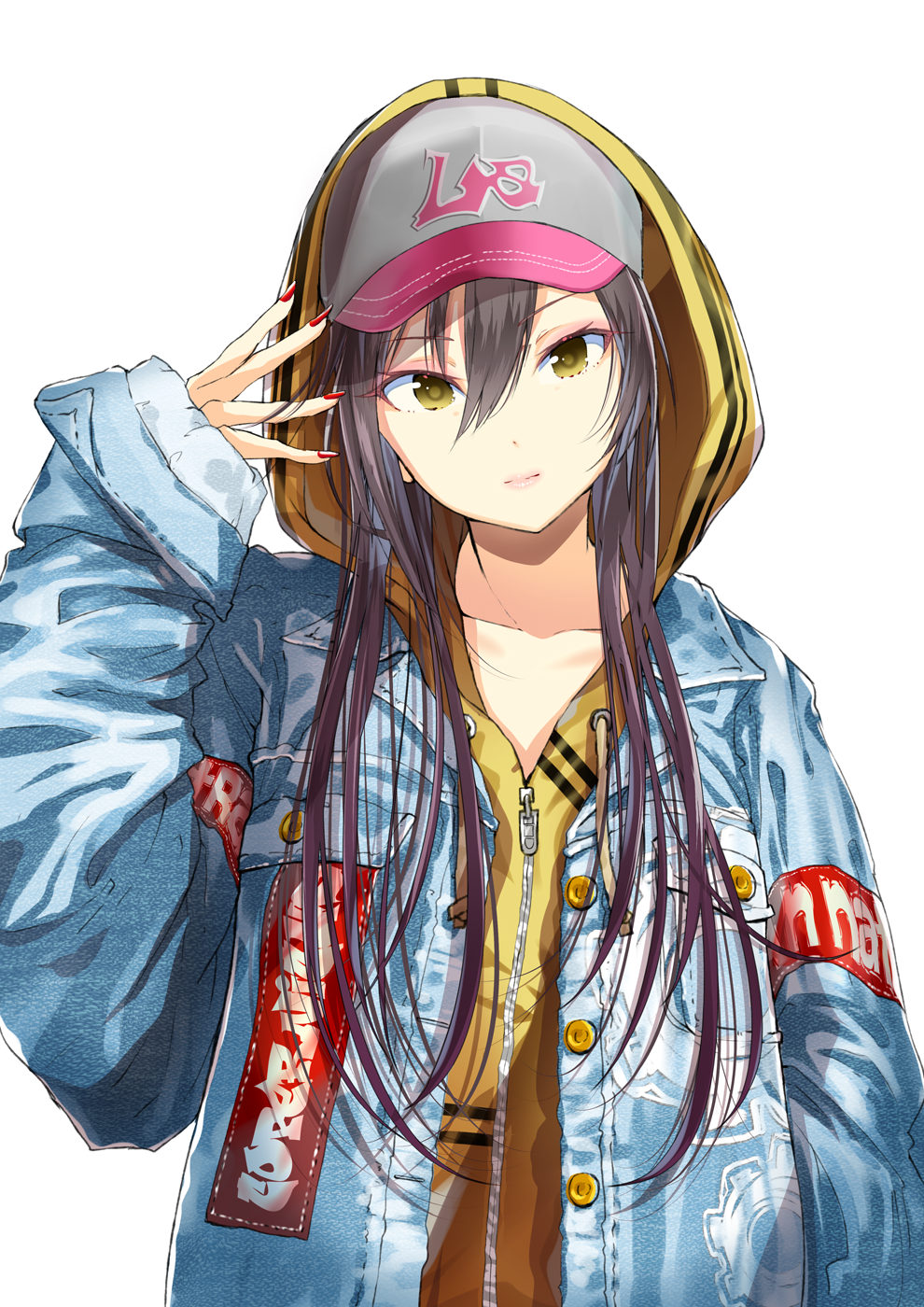 1girl baseball_cap black_hair blue_jacket blush breasts closed_mouth collarbone dot_nose hair_between_eyes hand_up hat highres hood hood_up hoodie idolmaster idolmaster_shiny_colors jacket large_breasts long_hair long_sleeves looking_at_viewer nail_polish open_clothes open_jacket red_nails shirase_sakuya simple_background smile solo upper_body white_background yae_(mono110) yellow_eyes yellow_hoodie zipper zipper_pull_tab