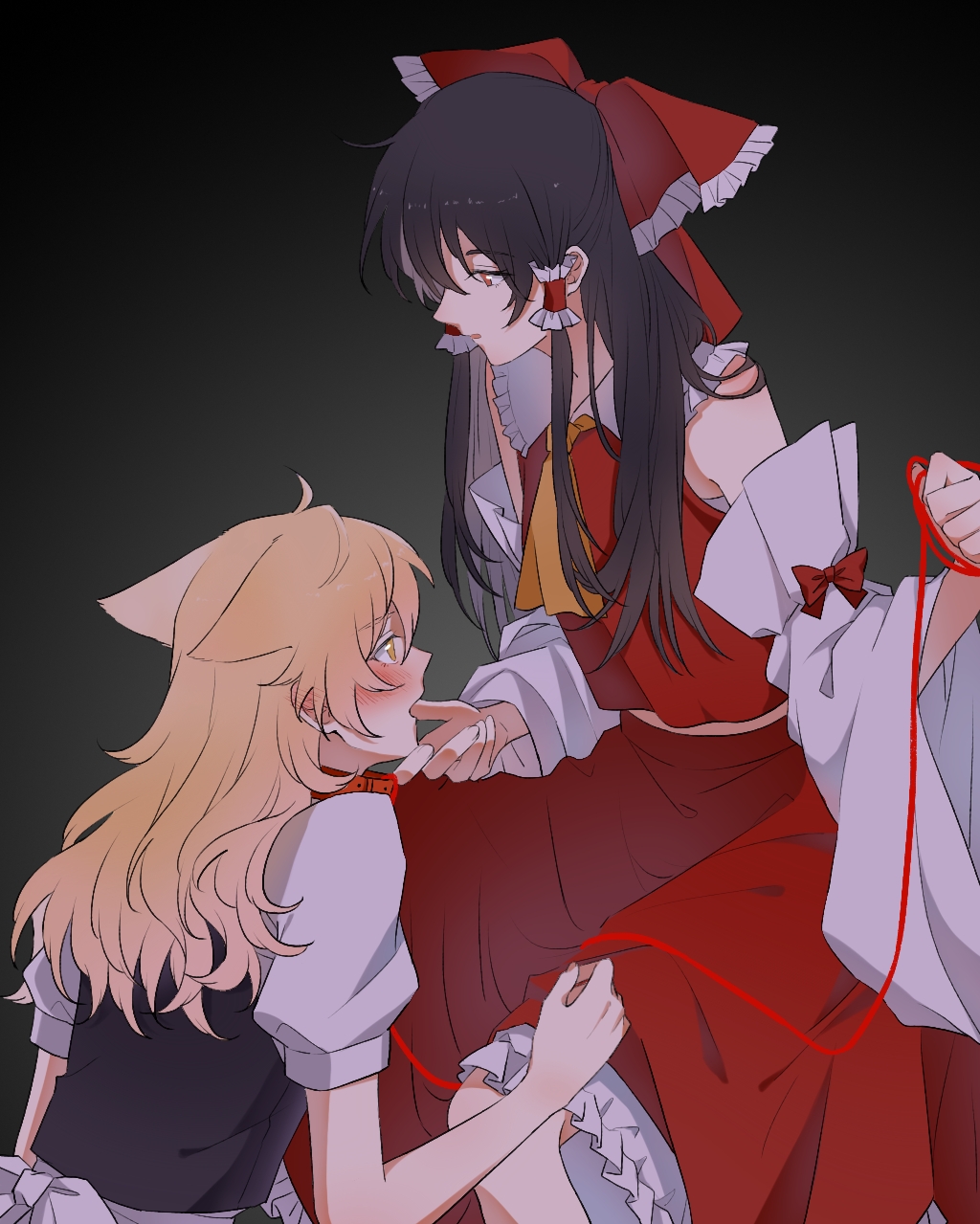 2girls animal_collar animal_ears ascot black_hair blonde_hair blush bow collar commentary_request detached_sleeves dog_ears frilled_bow frilled_hair_tubes frills hair_bow hair_tubes hakurei_reimu highres hitte5416 holding holding_leash kirisame_marisa leash long_hair multiple_girls no_headwear red_bow red_collar red_skirt short_sleeves skirt skirt_set touhou yellow_ascot yellow_eyes yuri