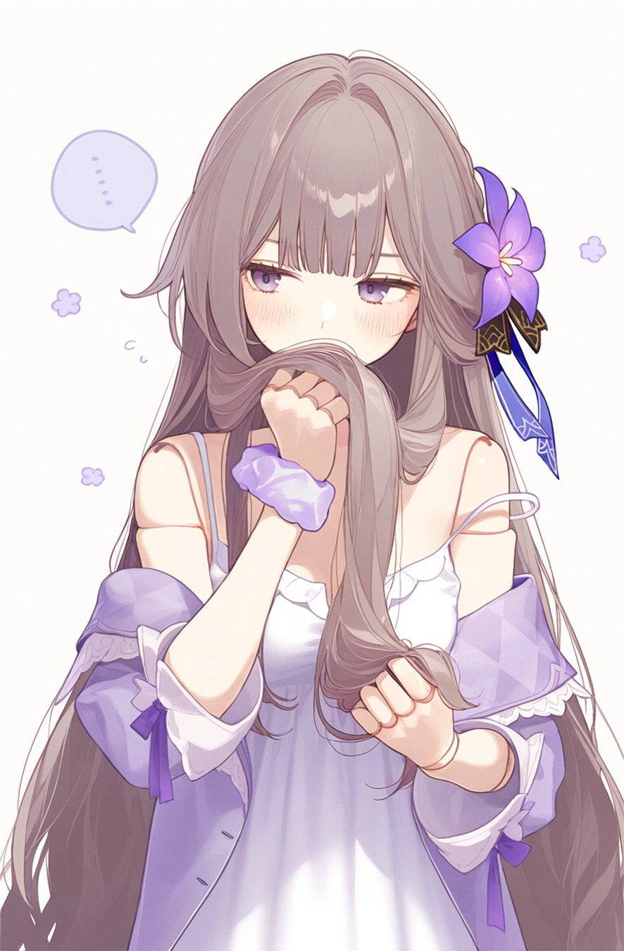 ... 1girl ai-assisted blush brown_hair commentary doll_joints embarrassed flower hair_flower hair_ornament hair_over_mouth herta_(honkai:_star_rail) highres honkai:_star_rail honkai_(series) jacket joints long_hair poki_(j0ch3fvj6nd) purple_eyes purple_flower purple_jacket purple_scrunchie scrunchie shirt sleepwear solo speech_bubble strap_slip very_long_hair white_background white_shirt