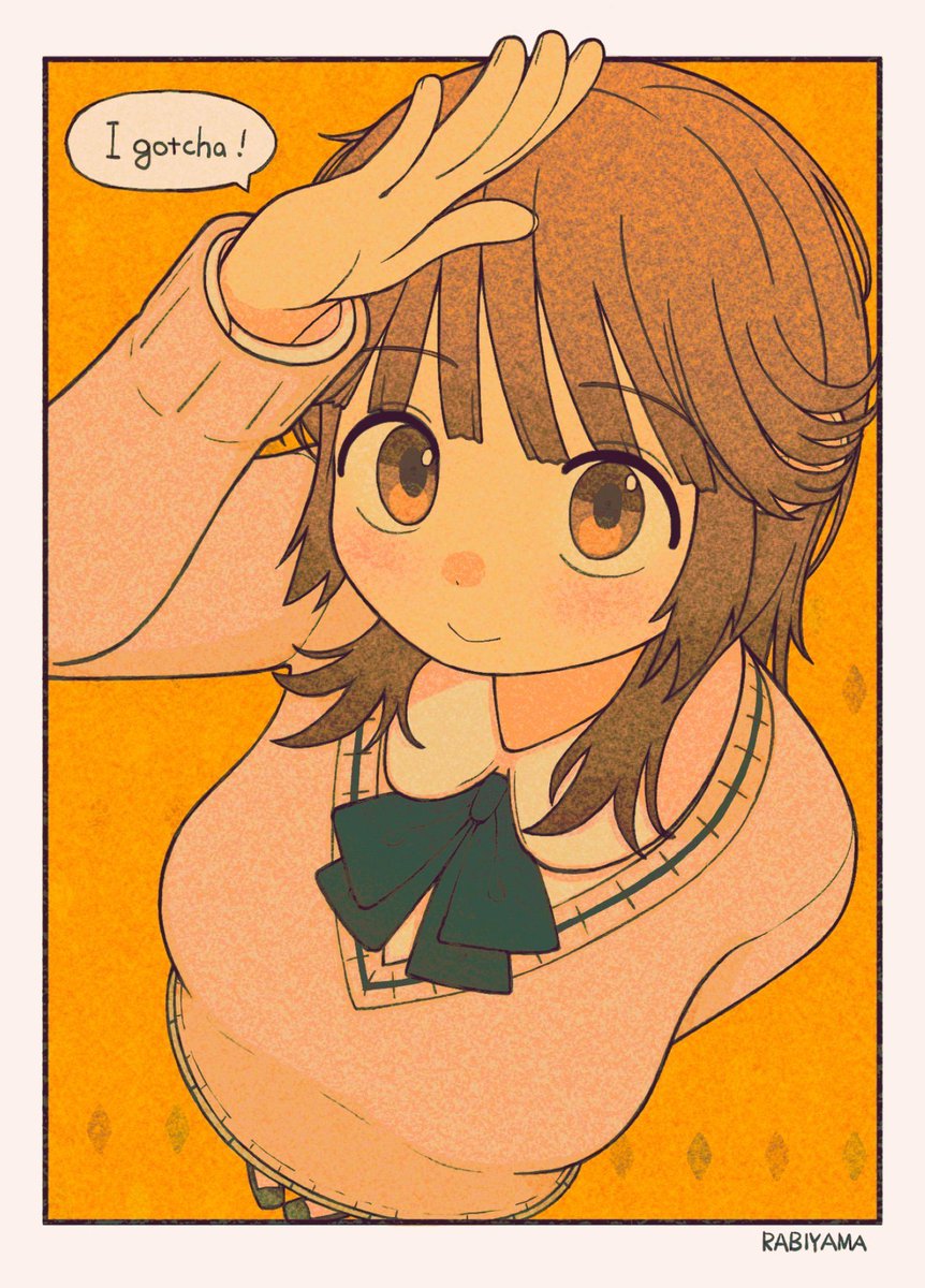 amagami arm_behind_back artist_name blouse blush border bow bowtie breasts brown_eyes brown_hair brown_sweater closed_mouth collared_shirt commentary english_text foreshortening from_above green_bow green_bowtie hair_over_shoulder hand_up highres kibito_high_school_uniform large_breasts light_blush looking_at_viewer looking_up medium_hair orange_background outside_border paper_texture rabiyamarabi sakurai_rihoko salute school_uniform shirt signature smile sweater upturned_eyes v-neck white_border white_shirt