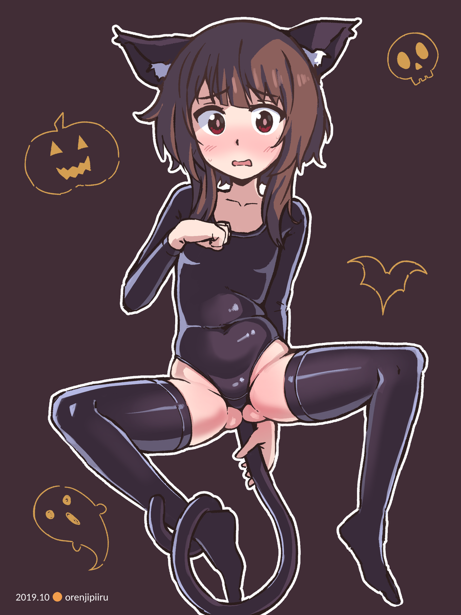 animal_ear_fluff animal_ears artist_name ass_visible_through_thighs bat_(animal) black_background black_leotard black_thighhighs blush breasts bright_pupils brown_hair cat_ears cat_tail collarbone commentary costume covered_navel curled_fingers dated embarrassed full_body ghost halloween halloween_costume hand_up highleg highleg_leotard highres holding_own_tail jack-o'-lantern kemonomimi_mode kono_subarashii_sekai_ni_shukufuku_wo! leotard long_sleeves megumin mixed-language_commentary nose_blush orenji_(wholesomeorenji) outline raised_eyebrows red_eyes shiny_clothes short_hair short_hair_with_long_locks sidelocks sitting skull small_breasts spread_legs surprised tail tail_wrap thighhighs white_outline