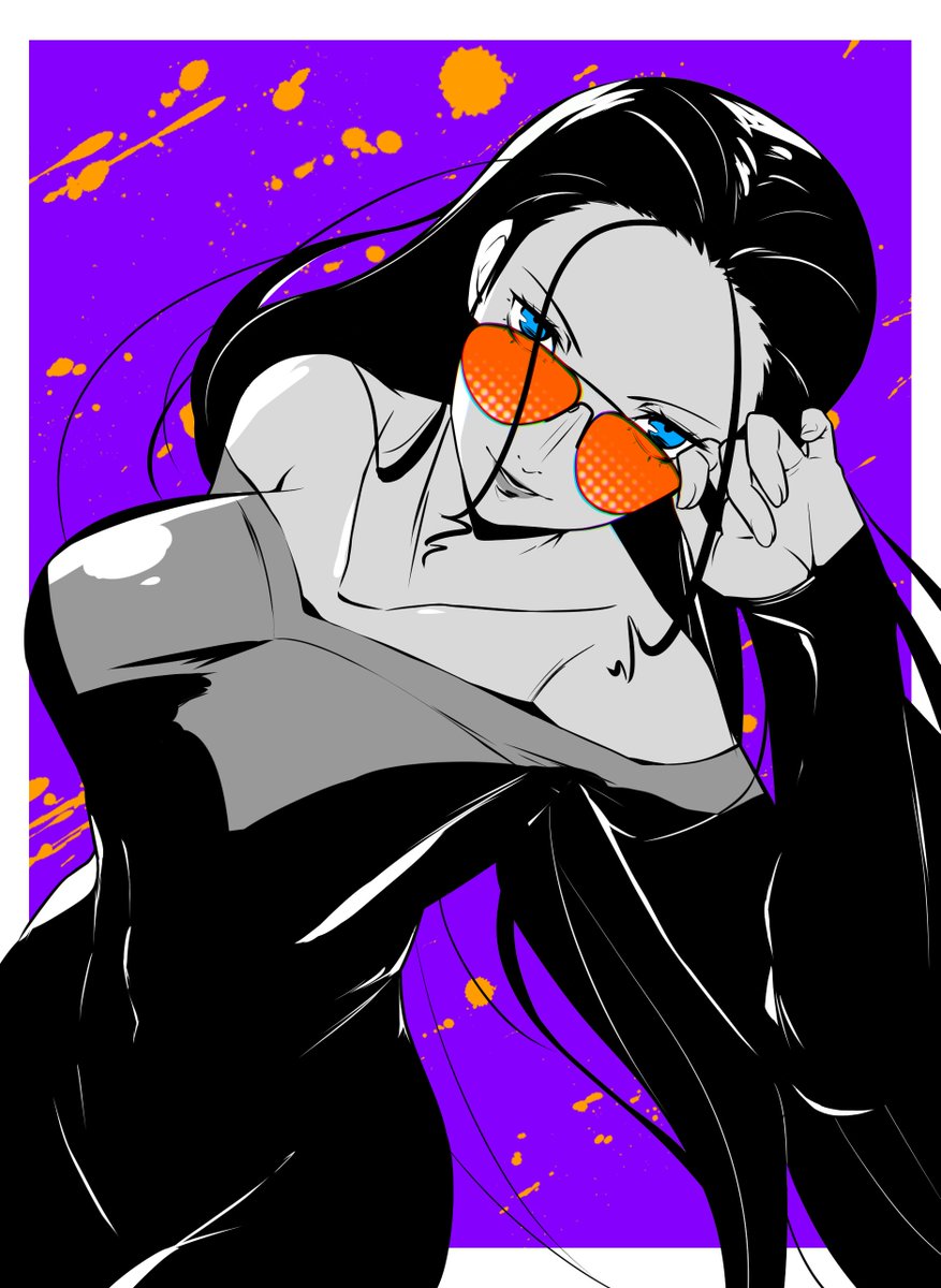 1girl blue_eyes border commentary dress english_commentary from_above hair_slicked_back hand_on_headwear highres long_hair long_sleeves looking_at_viewer nico_robin one_piece orange-tinted_eyewear purple_background sidelocks smile solo splatter_background strapless strapless_dress sunglasses tinted_eyewear upper_body wanderstillart white_border