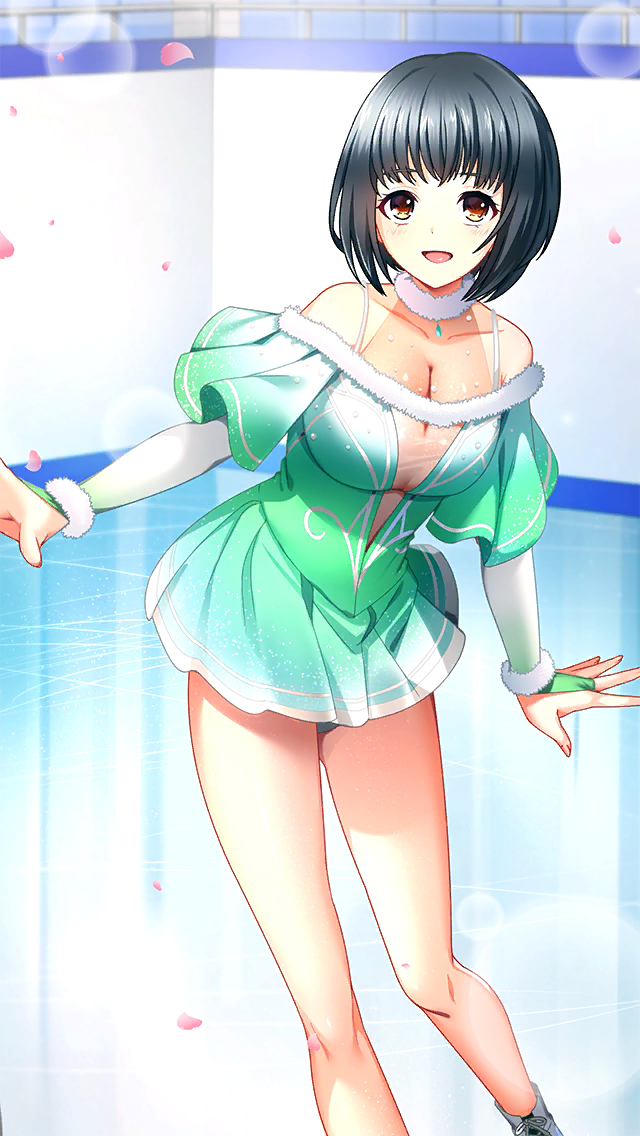 1girl :d bare_legs black_hair breasts bridal_gauntlets brown_eyes cleavage collarbone doukyuusei doukyuusei_another_world dress figure_skating figure_skating_dress fur-trimmed_sleeves fur_trim game_cg green_dress ice_skating large_breasts lens_flare long_sleeves looking_at_viewer official_art open_mouth petals pleated_dress saitou_ako short_dress short_hair skating smile solo straight_hair