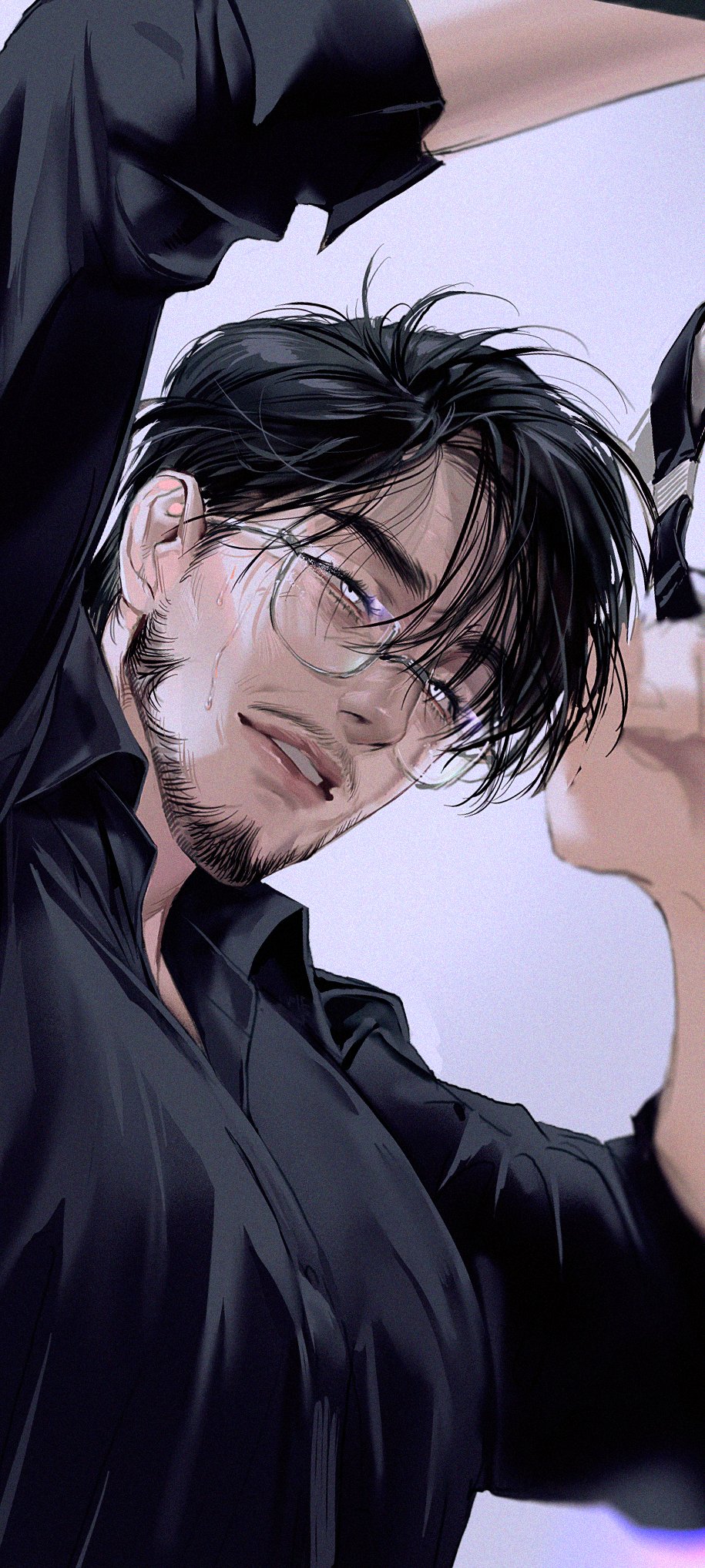 1boy black_hair black_shirt collared_shirt facial_hair from_below from_side glasses hands_up highres looking_ahead male_focus narrowed_eyes original parted_bangs parted_lips shirt short_hair simple_background solo sweat teeth toned toned_male upper_teeth_only volff white_eyes