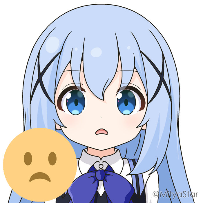 1girl blue_bow blue_eyes blue_hair blue_vest bow collared_shirt commentary_request dress_shirt emoji gochuumon_wa_usagi_desu_ka? hair_between_eyes hair_ornament imitating kafuu_chino long_hair looking_at_viewer mitya parted_lips rabbit_house_uniform shirt simple_background solo twitter_username uniform upper_body vest waitress white_background white_shirt x_hair_ornament