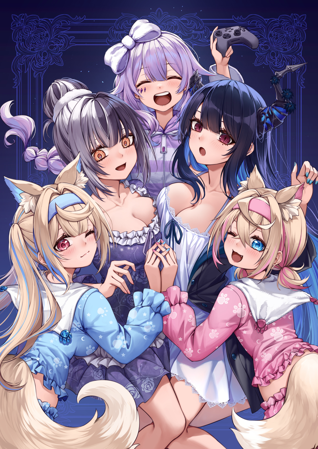 5girls alternate_costume alternate_hairstyle animal_ears asymmetrical_horns black_hair black_horns blonde_hair blue_eyes blue_hair blue_hairband blue_pajamas blue_shirt blush bow breasts cleavage closed_mouth collarbone curry_bowl demon_horns dog_ears dog_girl dress fuwawa_abyssgard hair_bow hair_flaps hairband highres holding_hands holoadvent hololive hololive_english hood hood_down hooded_jacket horns jacket jewel_under_eye koseki_bijou large_breasts midriff mococo_abyssgard mole mole_under_eye multicolored_hair multiple_girls nerissa_ravencroft nightgown one_eye_closed open_mouth pajamas paw_print pink_hair pink_hairband pink_pajamas pink_shirt ponytail purple_hair purple_jacket red_eyes shiori_novella shirt siblings sisters sleepover slit_pupils smile split-color_hair streaked_hair striped_clothes striped_jacket twins uneven_horns virtual_youtuber white_dress white_hair yellow_eyes zipper_pull_tab