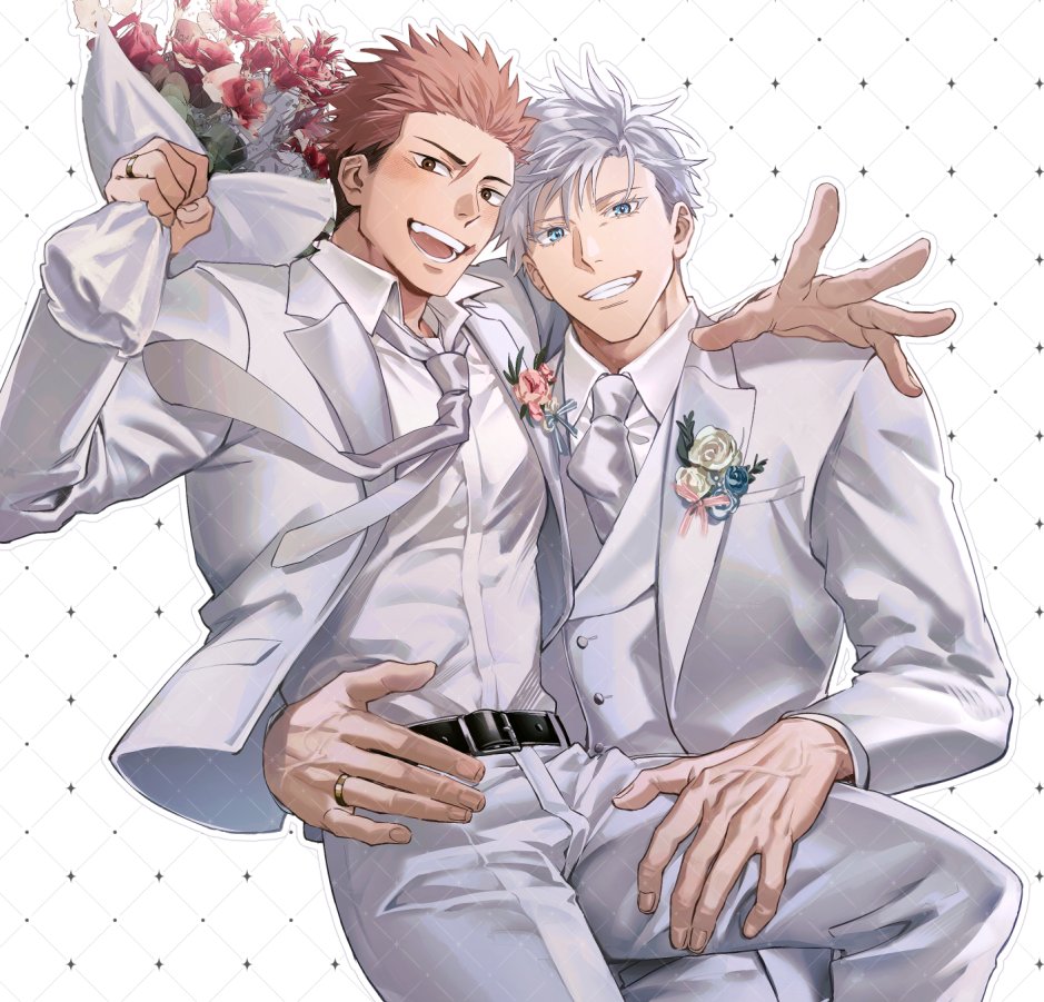 2boys belt blue_eyes blush bouquet brown_eyes coat collared_coat collared_shirt commentary feet_out_of_frame flower gojou_satoru hair_slicked_back hand_around_waist holding holding_bouquet itadori_yuuji jewelry jujutsu_kaisen looking_at_viewer male_focus multiple_boys necktie open_mouth pants pink_hair ring rose rose_pin sealmeledak shirt single_arm_hug smile suit symbol-only_commentary teeth tongue white_background white_coat white_necktie white_pants white_shirt white_suit