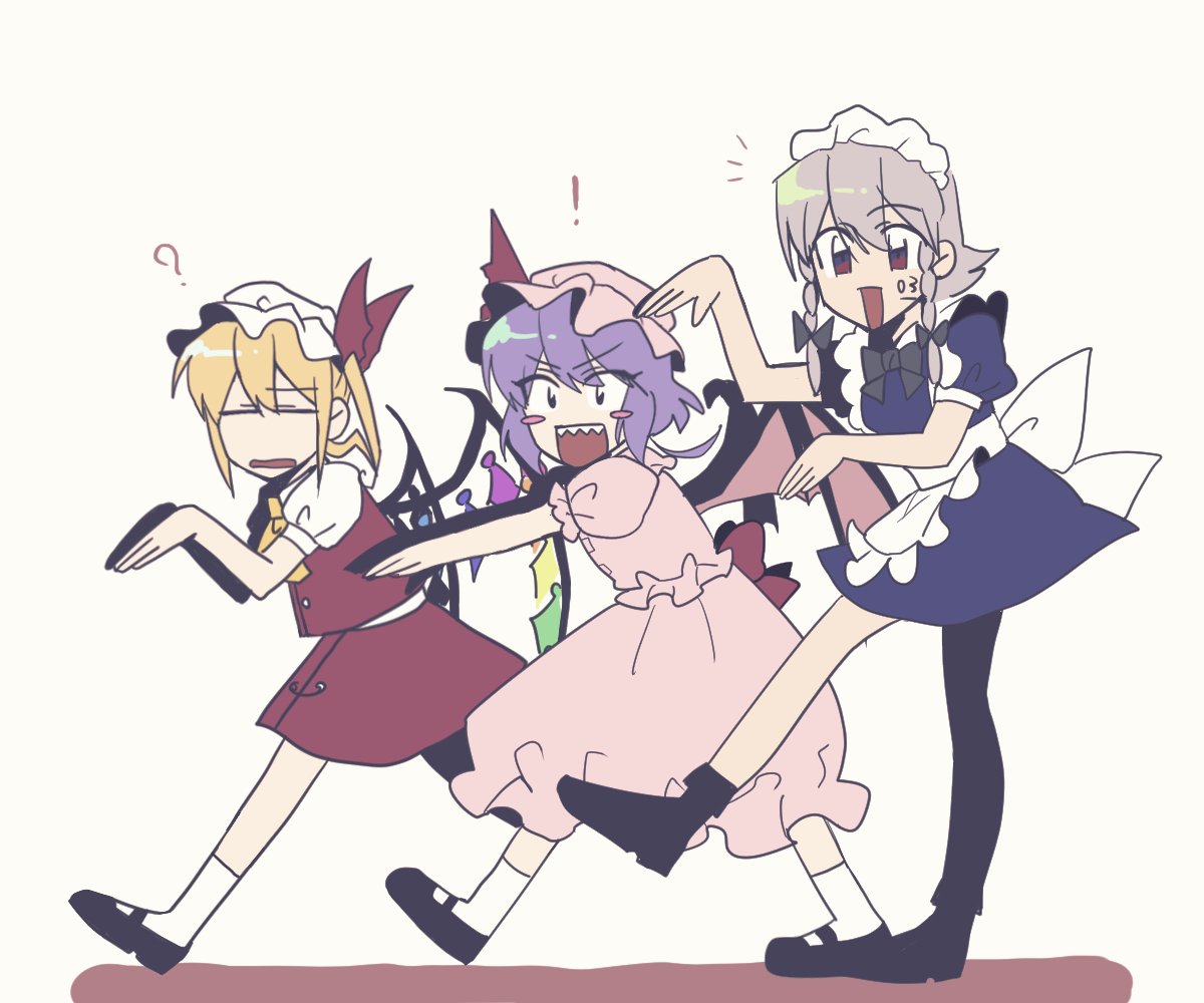 ! 3girls :d ? apron ascot black_bow black_footwear blonde_hair blue_dress blush_stickers bow braid closed_eyes collared_shirt commentary_request crystal dress flandre_scarlet frilled_sleeves frills full_body grey_hair hair_between_eyes hair_bow hat hat_ribbon izayoi_sakuya looking_at_viewer maid maid_headdress mary_janes medium_bangs medium_hair mob_cap multiple_girls notice_lines open_mouth pink_shirt pink_skirt puffy_short_sleeves puffy_sleeves purple_hair red_bow red_eyes red_ribbon red_skirt red_vest remilia_scarlet ribbon sharp_teeth shirt shoes short_hair short_sleeves simple_background skirt skirt_set smile socks takayo_(user_yeah3737) teeth touhou twin_braids upper_teeth_only vest waist_apron waist_bow walking white_apron white_background white_shirt white_socks yellow_ascot