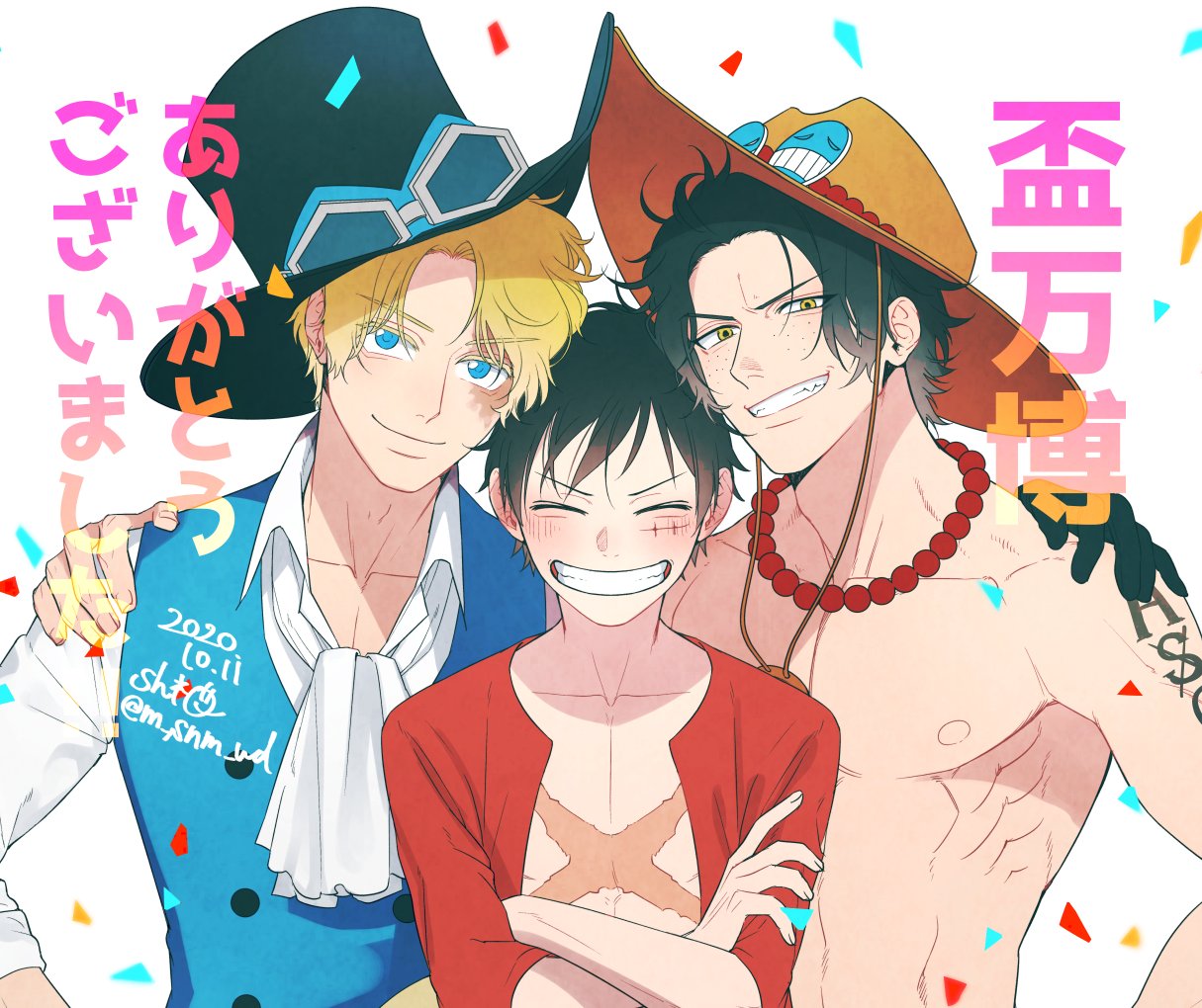 3boys ^_^ arm_tattoo ascot black_gloves black_hair blonde_hair blue_eyes closed_eyes commentary_request confetti crossed_arms dated freckles gloves goggles goggles_on_headwear hat jewelry male_focus monkey_d._luffy multiple_boys nakumonaga_uma necklace one_piece open_clothes open_shirt orange_hat pearl_necklace portgas_d._ace red_shirt sabo_(one_piece) scar scar_on_chest scar_on_face shirt short_hair simple_background smile tattoo top_hat topless_male translation_request twitter_username waistcoat white_ascot white_background