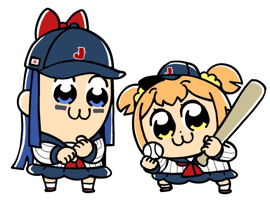 2023_world_baseball_classic 2girls :3 baseball baseball_(object) baseball_bat baseball_cap baseball_uniform bkub blue_eyes blue_hair blue_hat blue_sailor_collar blue_skirt bow brown_footwear clenched_hands facepaint hair_ornament hair_scrunchie hat hat_bow holding holding_baseball_bat japanese_flag long_hair multiple_girls neckerchief orange_hair poptepipic red_bow red_neckerchief sailor_collar scrunchie shirt shoes short_hair short_twintails sidelocks simple_background skirt socks sportswear standing striped_clothes striped_shirt twintails vertical-striped_clothes vertical-striped_shirt white_background white_shirt white_socks yellow_eyes yellow_scrunchie