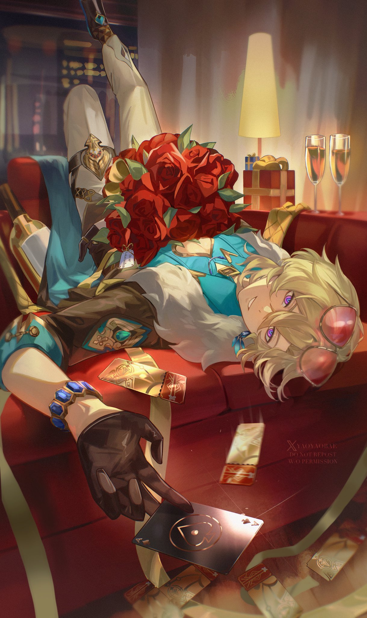 1boy aqua_shirt aventurine_(honkai:_star_rail) black_gloves blonde_hair bouquet bracelet card collared_shirt couch earrings eyewear_on_head flower fur_trim gloves hair_between_eyes highres holding holding_card honkai:_star_rail honkai_(series) indoors jewelry looking_at_viewer lying male_focus on_back on_couch playing_card red_flower red_rose rose shirt short_hair solo star_rail_special_pass_(honkai:_star_rail) tinted_eyewear yaoyaobae