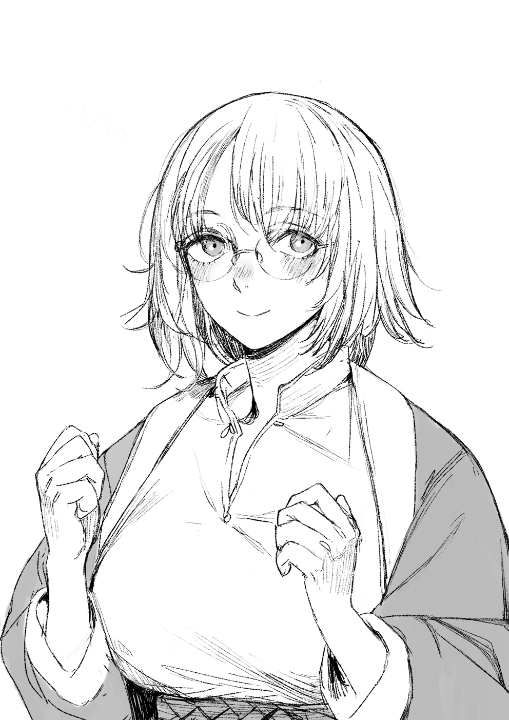 1girl blush breasts clenched_hand closed_mouth coat dungeon_meshi falin_touden greyscale hands_up highres long_sleeves looking_at_viewer monochrome open_clothes open_coat round_eyewear shirt short_hair simple_background smile solo toi8