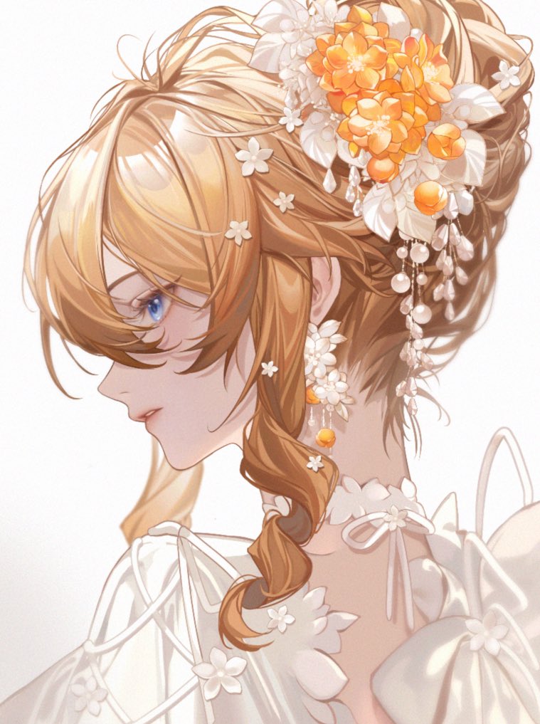 1girl blonde_hair blue_eyes dress earrings flower flower_earrings from_side genshin_impact hair_between_eyes hair_flower hair_ornament jewelry long_hair looking_at_viewer navia_(genshin_impact) orange_flower parted_lips profile sidelocks simple_background solo to_e upper_body white_background white_dress white_flower