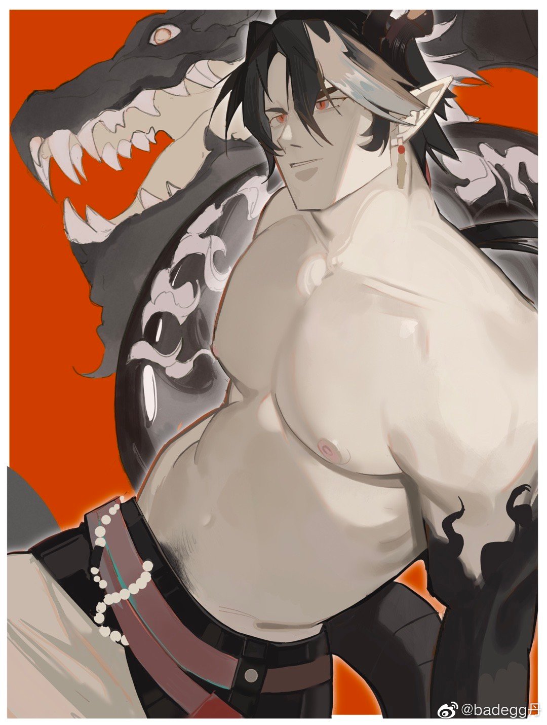 1boy arknights artist_request bara black_hair black_skin chong_yue_(arknights) colored_skin dragon_boy dragon_horns dragon_tail gradient_skin highres horns large_pectorals long_hair male_focus multicolored_hair navel navel_hair nipples pectorals pointy_ears red_eyes solo sparse_navel_hair streaked_hair tail thick_eyebrows toned toned_male topl