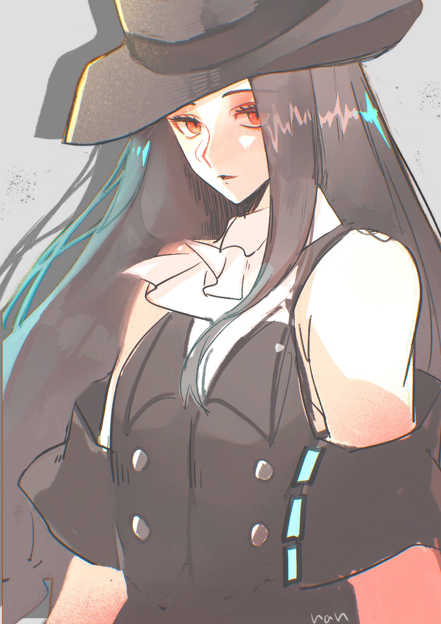 1other androgynous ascot bare_shoulders black_hair black_hat black_vest buttons cheesenaanlassi guilty_gear hat highres looking_at_viewer other_focus pale_skin red_eyes solo straight_hair testament_(guilty_gear) top_hat vest white_ascot