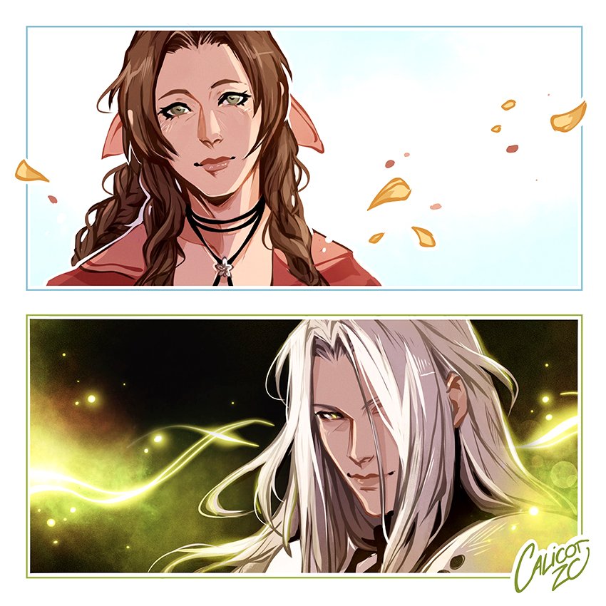 1boy 1girl aerith_gainsborough armor border braid braided_ponytail brown_hair calicotzc choker falling_petals final_fantasy final_fantasy_vii final_fantasy_vii_rebirth final_fantasy_vii_remake flower_choker green_eyes grey_hair hair_ribbon jacket long_bangs long_hair looking_at_viewer parted_bangs petals pink_ribbon red_jacket ribbon sephiroth shoulder_armor sidelocks signature single_braid upper_body wavy_hair white_border yellow_petals