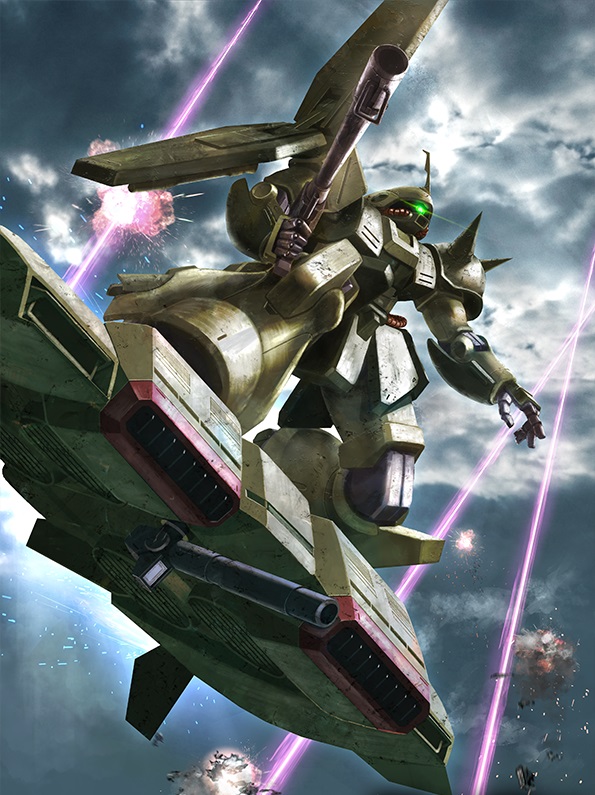 aircraft battle bazooka_(gundam) cannon cloud dutch_angle earth_federation energy_beam explosion flying glowing glowing_eye green_eyes gundam gundam_unicorn gundam_zz hield kiha-1835200 machinery marasai mecha mobile_suit neo_zeon no_humans one-eyed radio_antenna realistic riding robot science_fiction shoulder_spikes spikes zeta_gundam