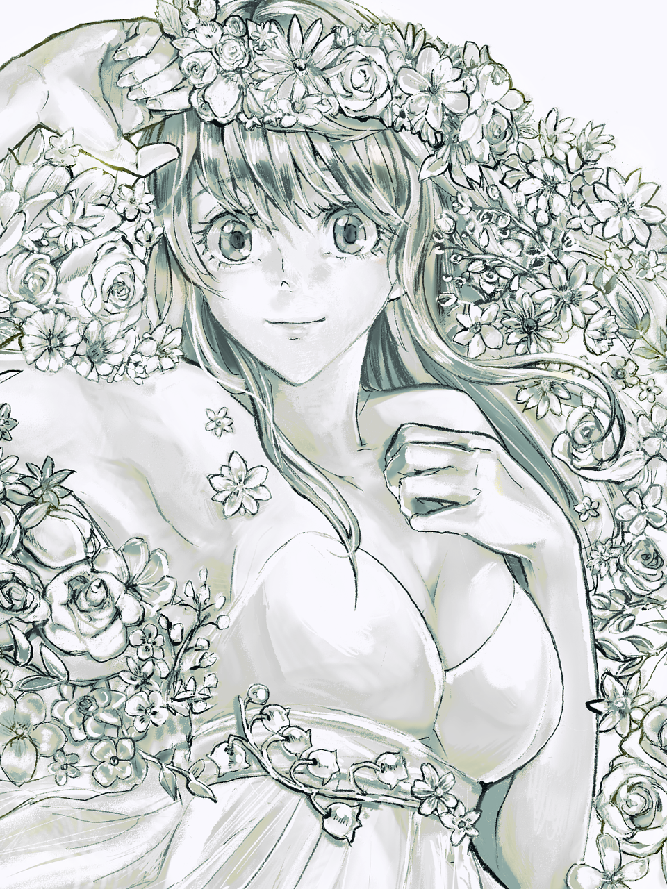 1girl anezaki_mamori arm_up armpits bare_shoulders breasts cleavage closed_mouth dress eyeshield_21 floral_background flower_wreath hand_on_own_chest highres long_hair looking_at_viewer monochrome smile solo strapless strapless_dress ueda-pix upper_body