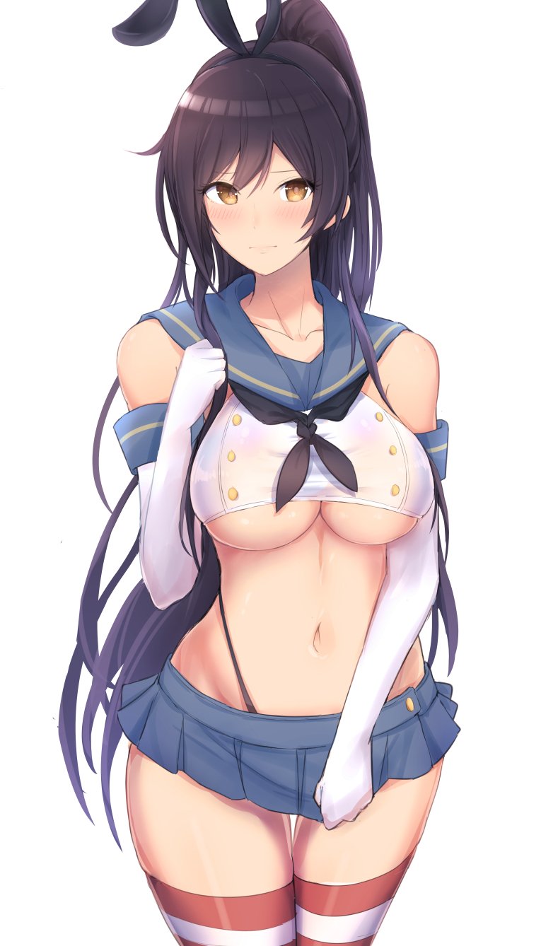 14sai_bishoujo_(shoutarou) 1girl animal_ear_hairband animal_ears bare_shoulders black_hair black_hairband black_neckerchief blue_sailor_collar blue_skirt blush breasts closed_mouth collarbone cosplay cowboy_shot cropped_shirt dot_nose elbow_gloves fake_animal_ears gloves hair_between_eyes hairband hand_up high_ponytail highres idolmaster idolmaster_shiny_colors kantai_collection large_breasts long_hair looking_at_viewer midriff miniskirt navel neckerchief panty_straps pleated_skirt ponytail rabbit_ear_hairband rabbit_ears sailor_collar shimakaze_(kancolle) shimakaze_(kancolle)_(cosplay) shirase_sakuya shirt shy simple_background skirt skirt_hold sleeveless sleeveless_shirt solo standing striped_clothes striped_thighhighs thighhighs two-tone_thighhighs underboob white_background white_gloves white_shirt yellow_eyes zettai_ryouiki