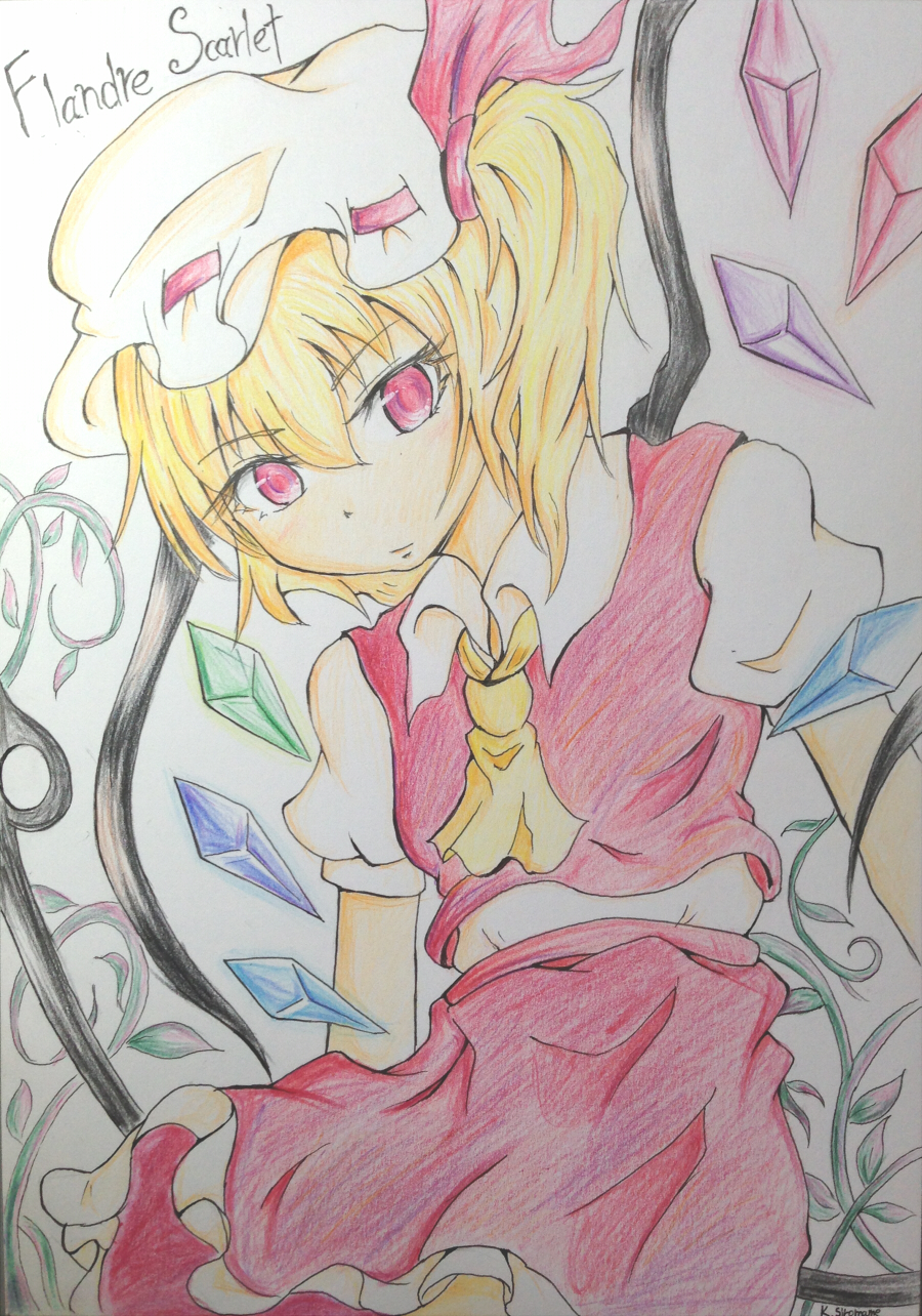 1girl ascot blonde_hair character_name closed_mouth collared_shirt colored_pencil_(medium) cowboy_shot crystal flandre_scarlet frilled_skirt frills hat hat_ribbon highres holding holding_polearm holding_weapon laevatein_(touhou) looking_at_viewer medium_hair mob_cap multicolored_wings one_side_up polearm puffy_short_sleeves puffy_sleeves red_eyes red_ribbon red_skirt red_vest ribbon ribbon-trimmed_headwear ribbon_trim shikishi shiromamekei shirt short_sleeves skirt skirt_set solo touhou traditional_media vest weapon white_hat white_shirt wings yellow_ascot