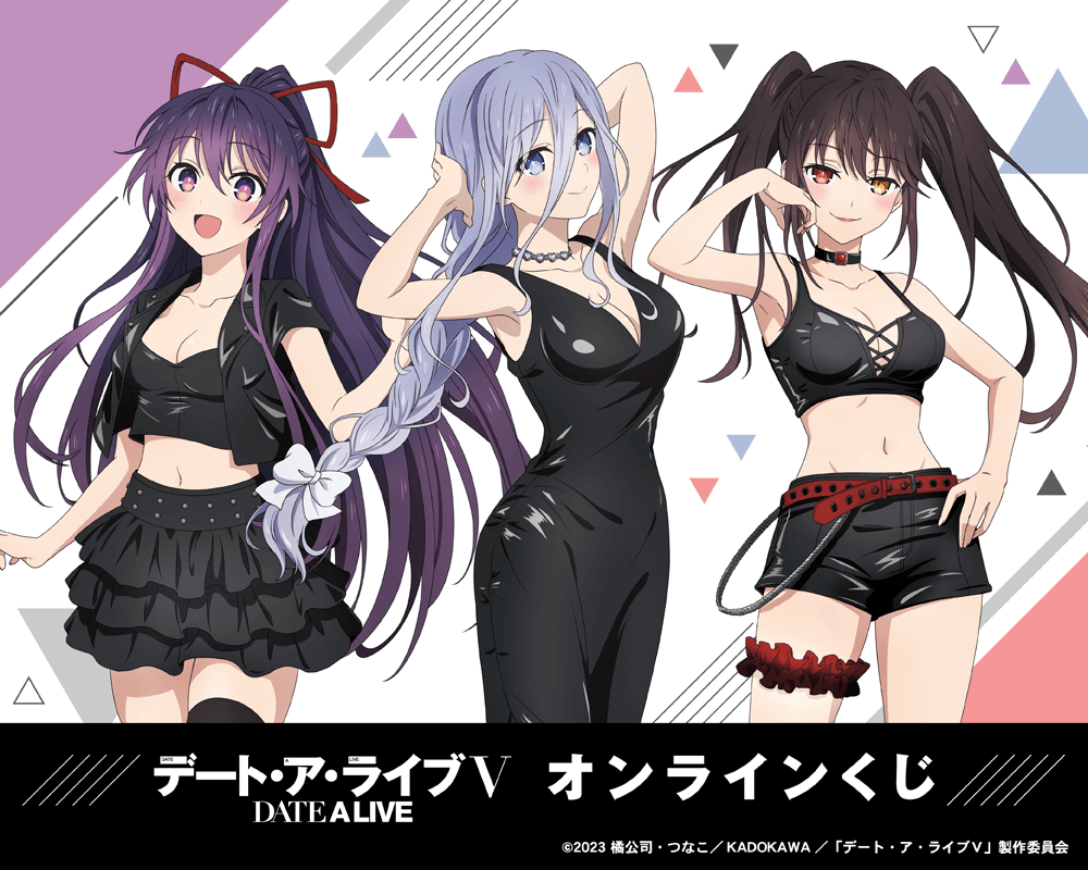 3girls belt black_dress black_hair black_shorts blue_hair braid breasts bridal_garter collarbone date_a_live dress frilled_skirt frills gradient_hair heterochromia long_hair medium_breasts multicolored_hair multiple_girls navel official_art open_mouth ponytail purple_eyes purple_hair red_belt shorts single_braid skirt smile takamiya_mio tokisaki_kurumi twintails undershirt yatogami_tooka