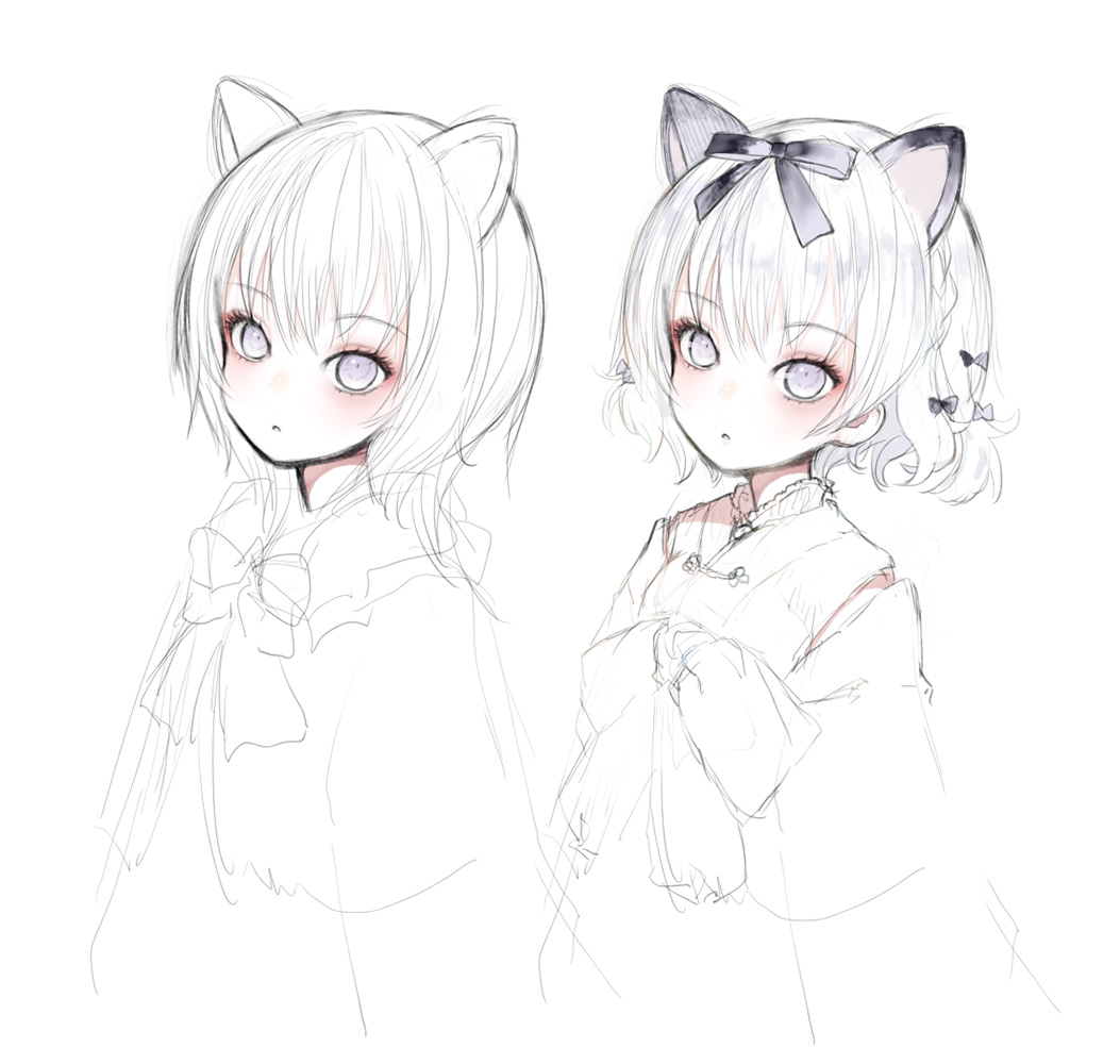 1girl :o animal_ears bow braid capriccio cat_ears commentary_request grey_eyes hair_between_eyes hair_bow japanese_clothes kimono multiple_views original parted_lips simple_background sketch white_background