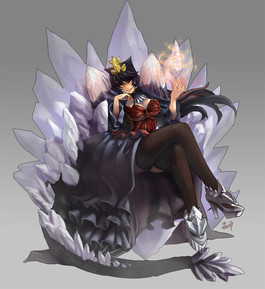 1girl bigfatycat black_hair black_thighhighs breasts cleavage crystal dress godzilla_(series) grey_background high_heels long_hair personification smile solo spacegodzilla tail thighhighs yellow_eyes